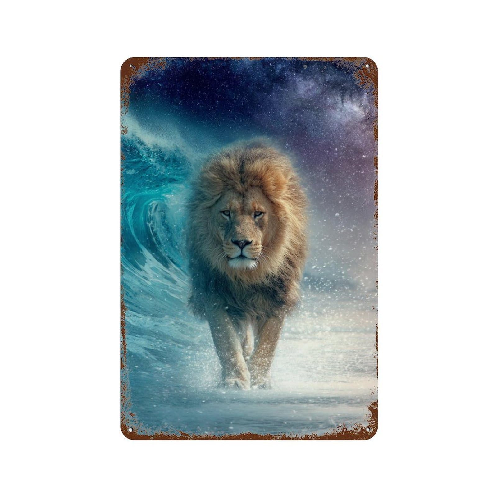 Rust Effect Lion in Space Wave Rustic Tin Plaque 11.8"x7.9", Shabby Chic Decor for Basement, Hobby Room And Garage Decor