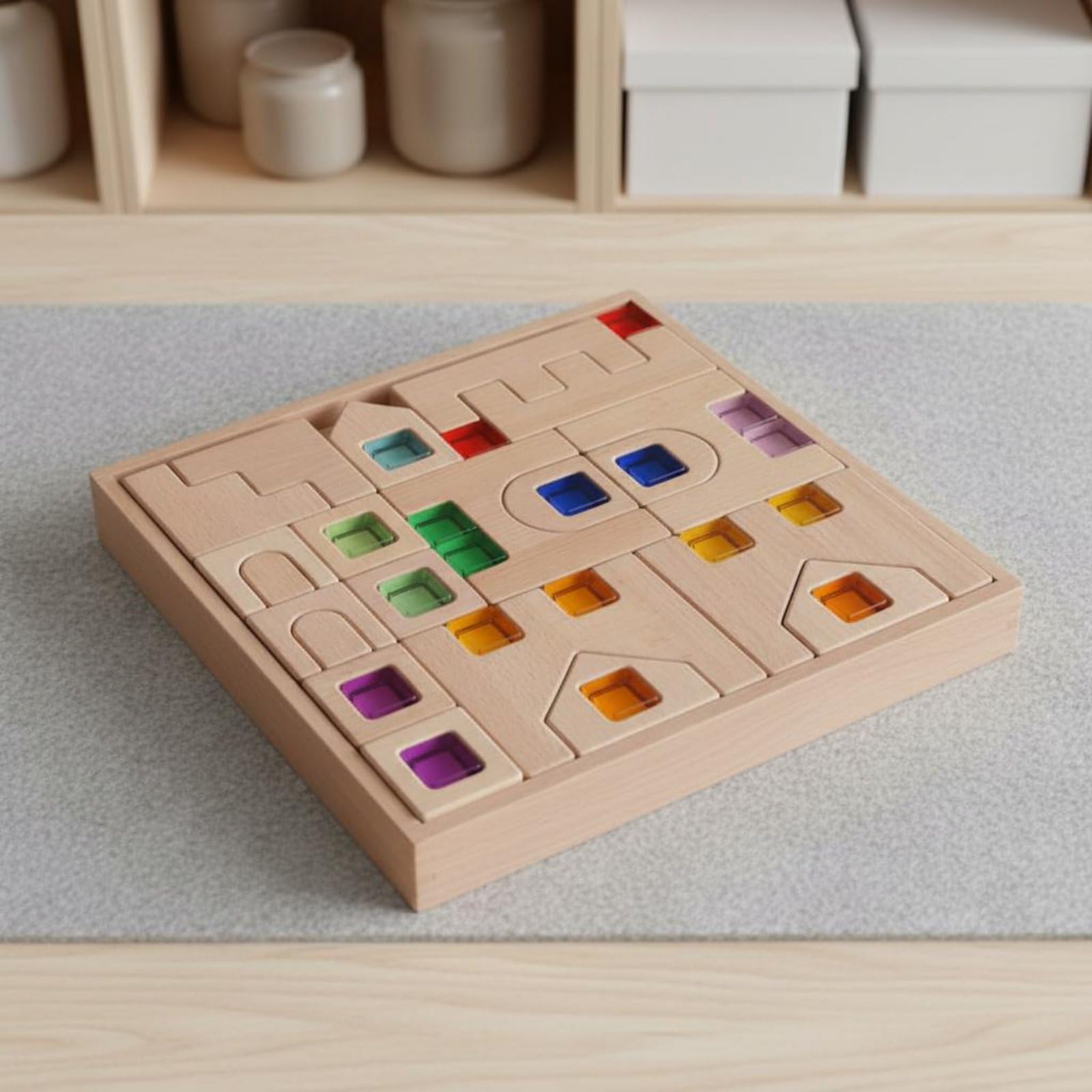 Blocco Arcobaleno Trasparente Apprendimento Precoce Costruzione con Pietre Colorate Sensoriale Puzzle Castello in Legno per Bambini, Scuola Prescolare