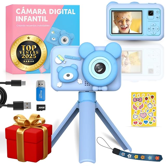 Cámara Fotos Infantil Oso Azul para Niño 3 4 5 6 7 8 9 10 Años, 2" 1080P con 32GB y Trípode
