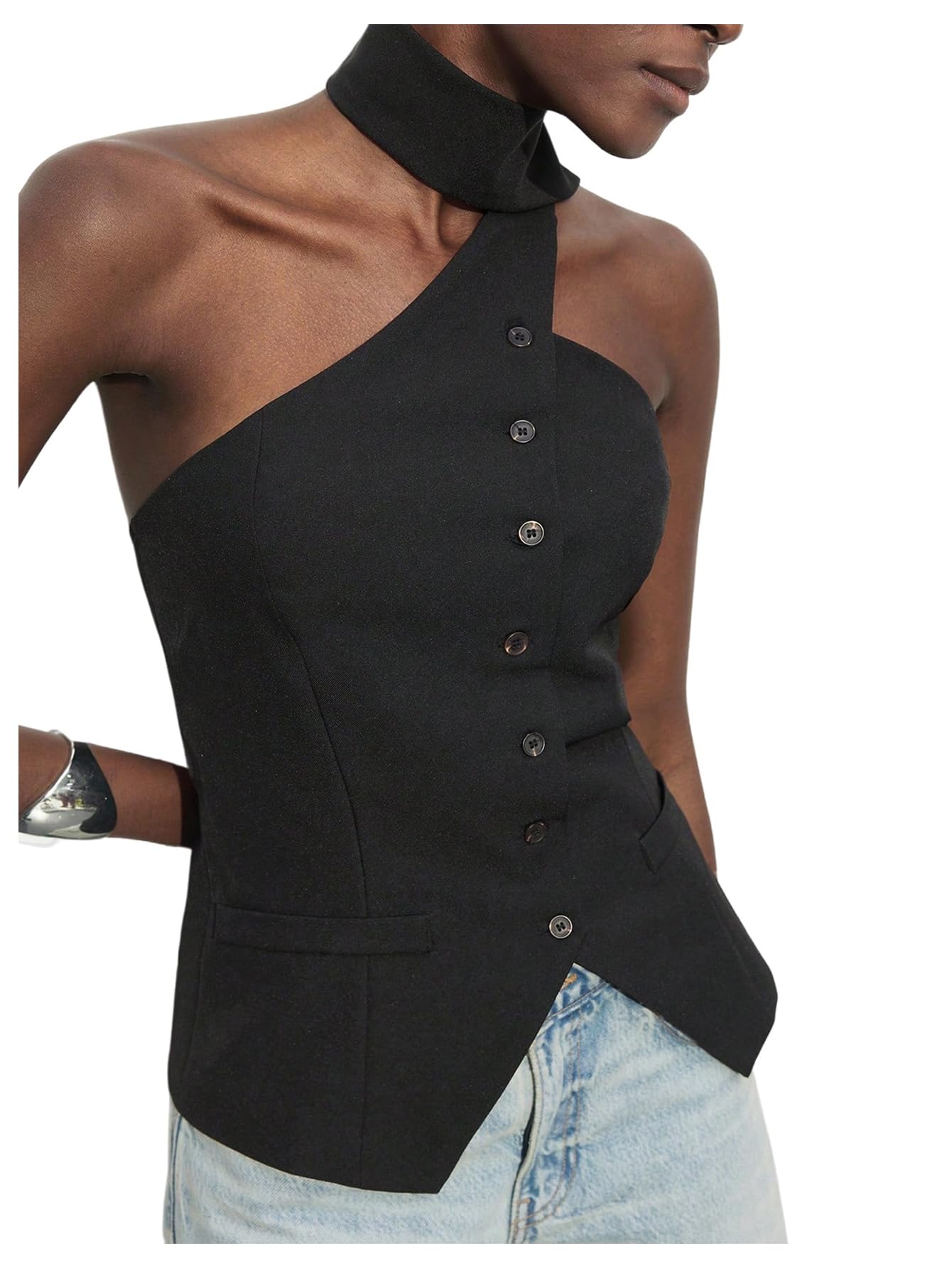 MakeMeChic Womens Backless Halter Tops Button Down Sleeveless Vest with Scarf