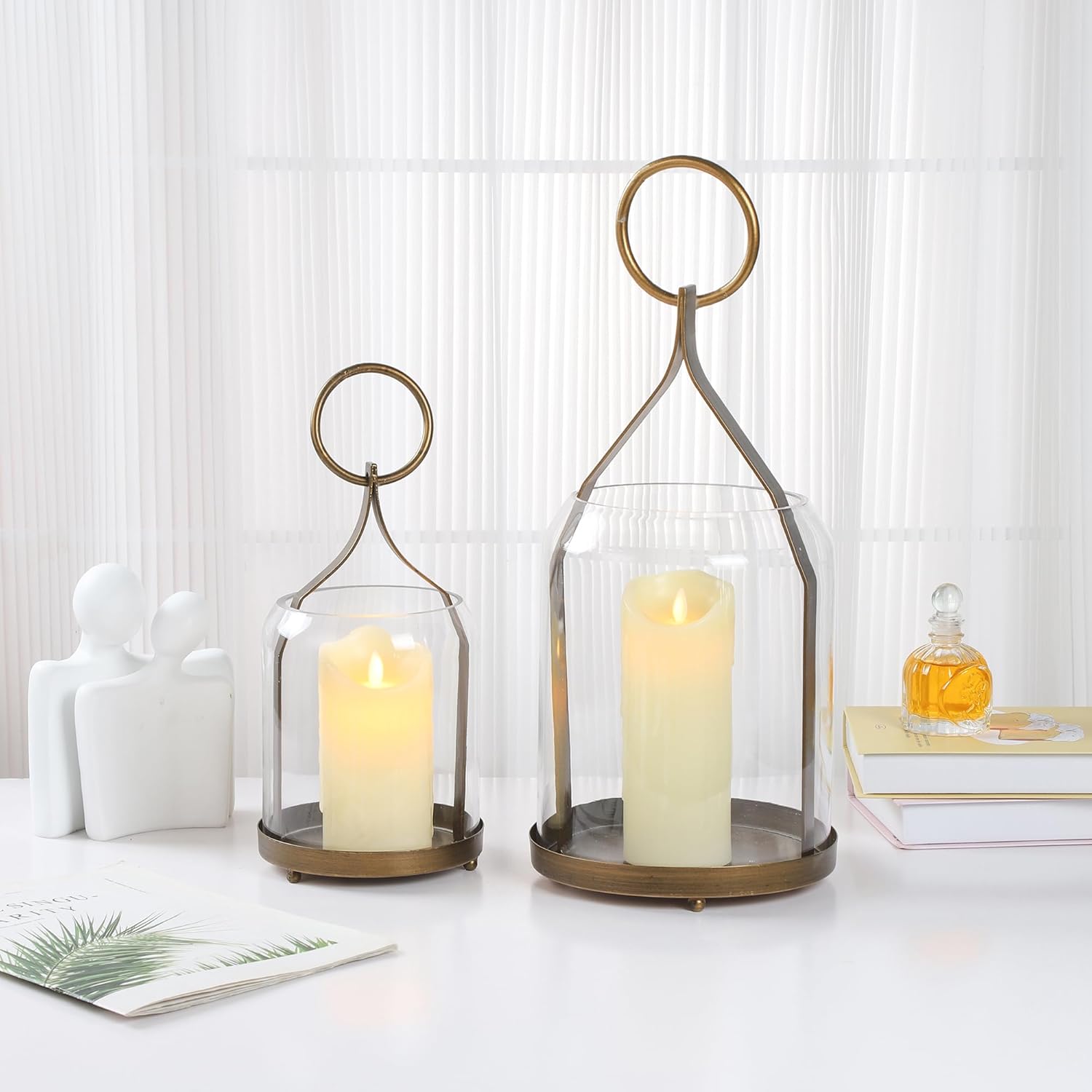 6" Wide Modern Hurricane Candle Holder with Handmade Scandinavian Glass Sleeve in Antique Brass for Pillar Candle & Plants, Hurricane Lantern Industrial, Minimalistic, Shabby Chic (1, Brass, 6"x10") - Image 4