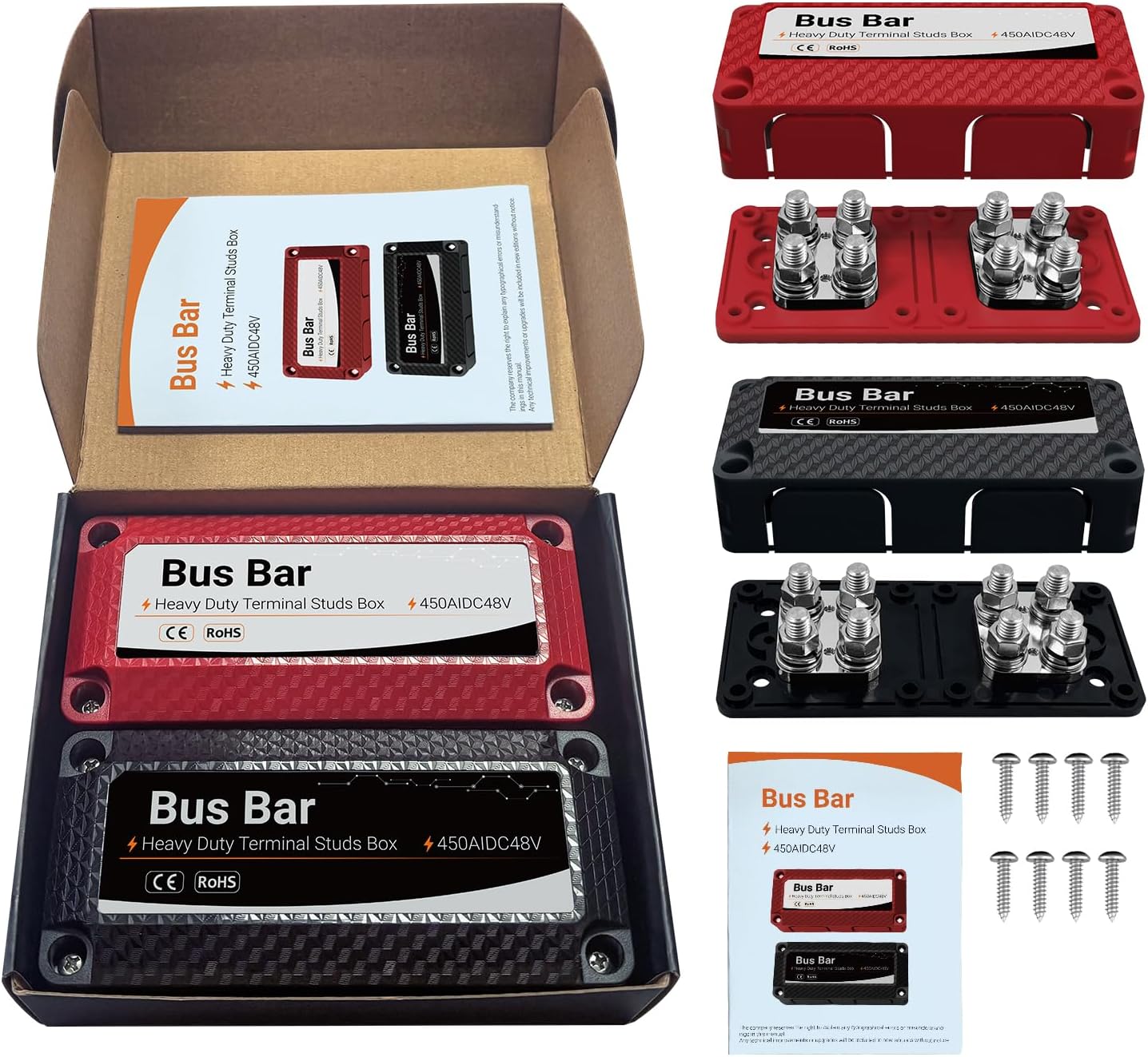 450A 48V DC Heavy Duty Busbar (Red/Black) - Marine Grade RV Solar Truck Battery Power Distribution Block with8x3/8 Inch (M10) Stud Terminals & Detachable Cover