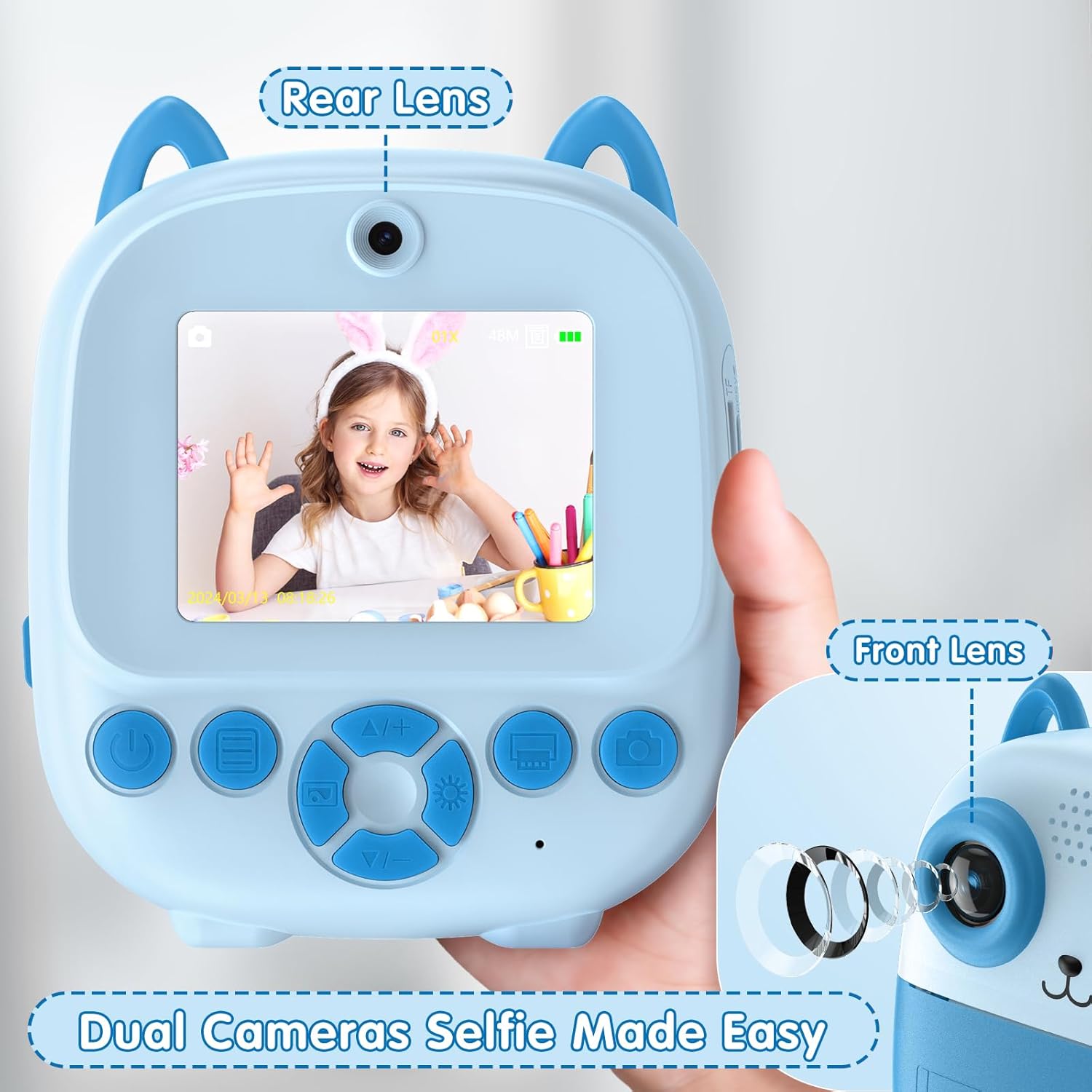Close-up of the Tosisot S5 camera showing the front and rear lenses, with a child's face visible on the screen, indicating selfie functionality.