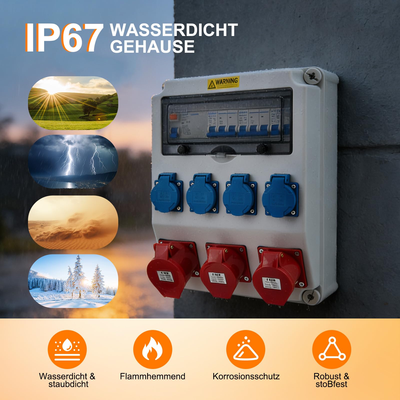 Distribuidor de corriente para construcción 32 A IP44 con protección FI/RCD y LS, 4 x Schuko, 2 x CEE 16 A + 1 x CEE 32 A, distribuidor de corriente industrial para exteriores y obras | carcasa