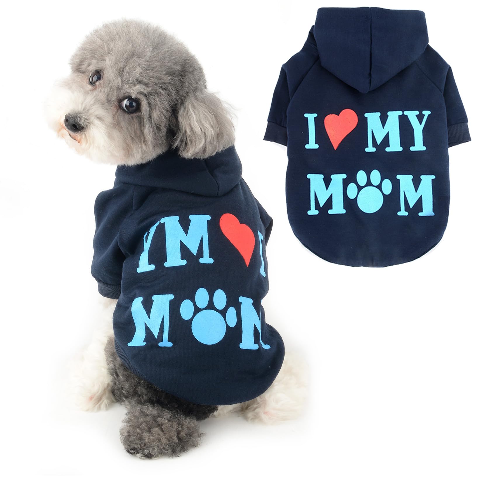 Ranphy Dog Hoodies for Small Dog Girls Boy Pet Jumper with Letter "I Love My Mom" Puppy Sweatshirt Hooded with Leash Hole Autumn Spring Pullover Mother Day Thanksgiving Day Cat Sweater, Navy Blue, XS