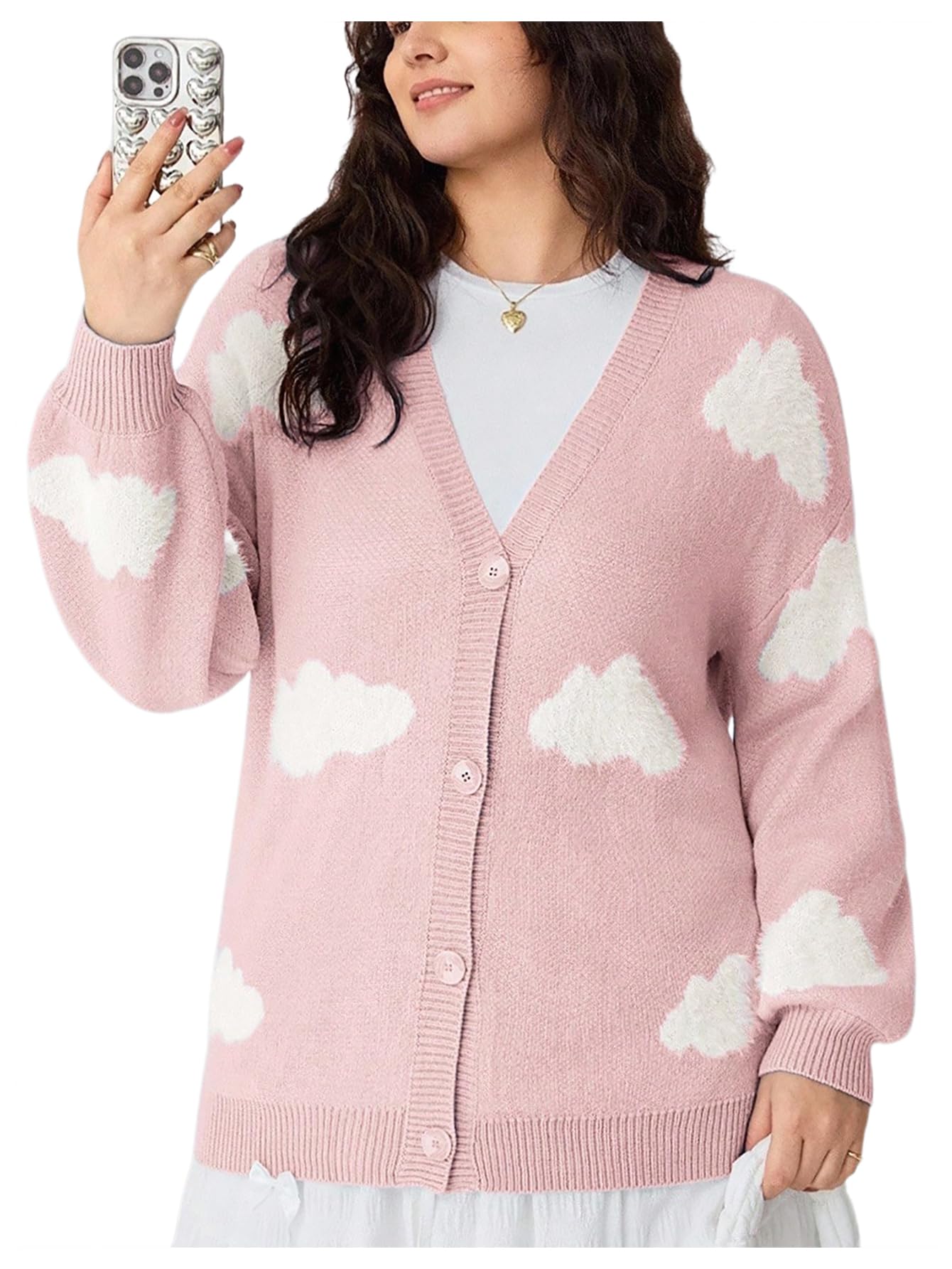 Womens Plus Size Clouds Graphic Sweater Cardigan Button Down Long Sleeve V Neck Fall Sweaters