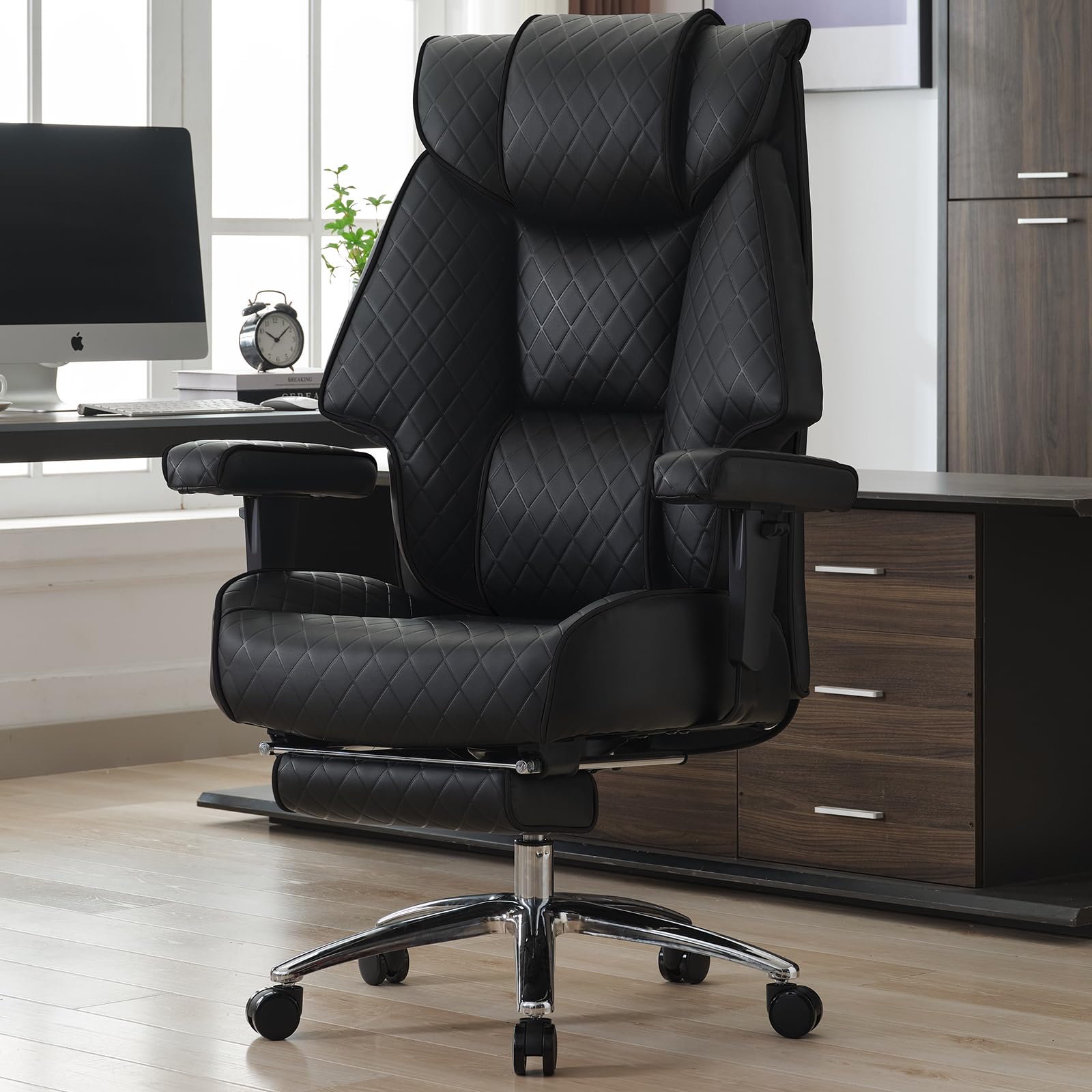EXCEBET XXL Chefsessel bis 181kg Belastbar, Ergonomischer Bürostuhl mit Taschenfederkern, Breiter Drehstuhl für Schneidersitz, Dick Gepolstert, Hochlehner Managerstuhl mit Lendenwirbelstütze (Schwarz)