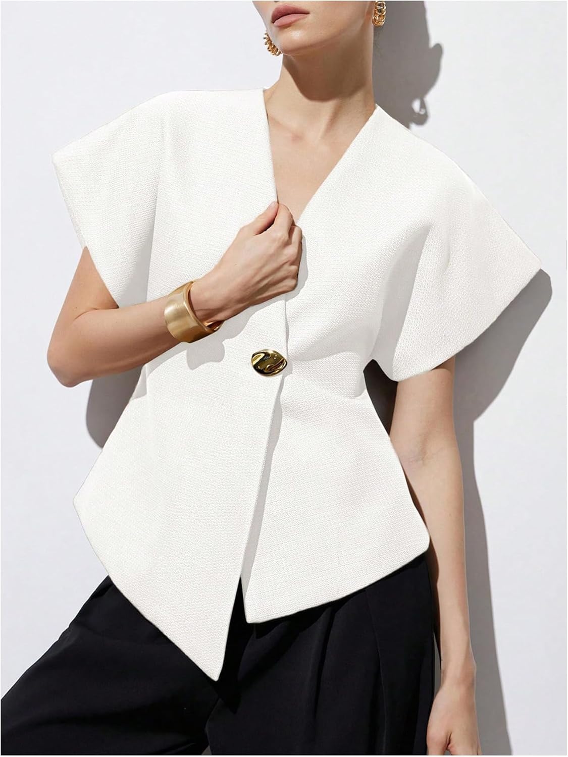 GORGLITTER Women's Dolman Short Sleeve Blazer V Neck Button Down Cinched Waist Wrap Business Casual Cardigan Top - Image 4