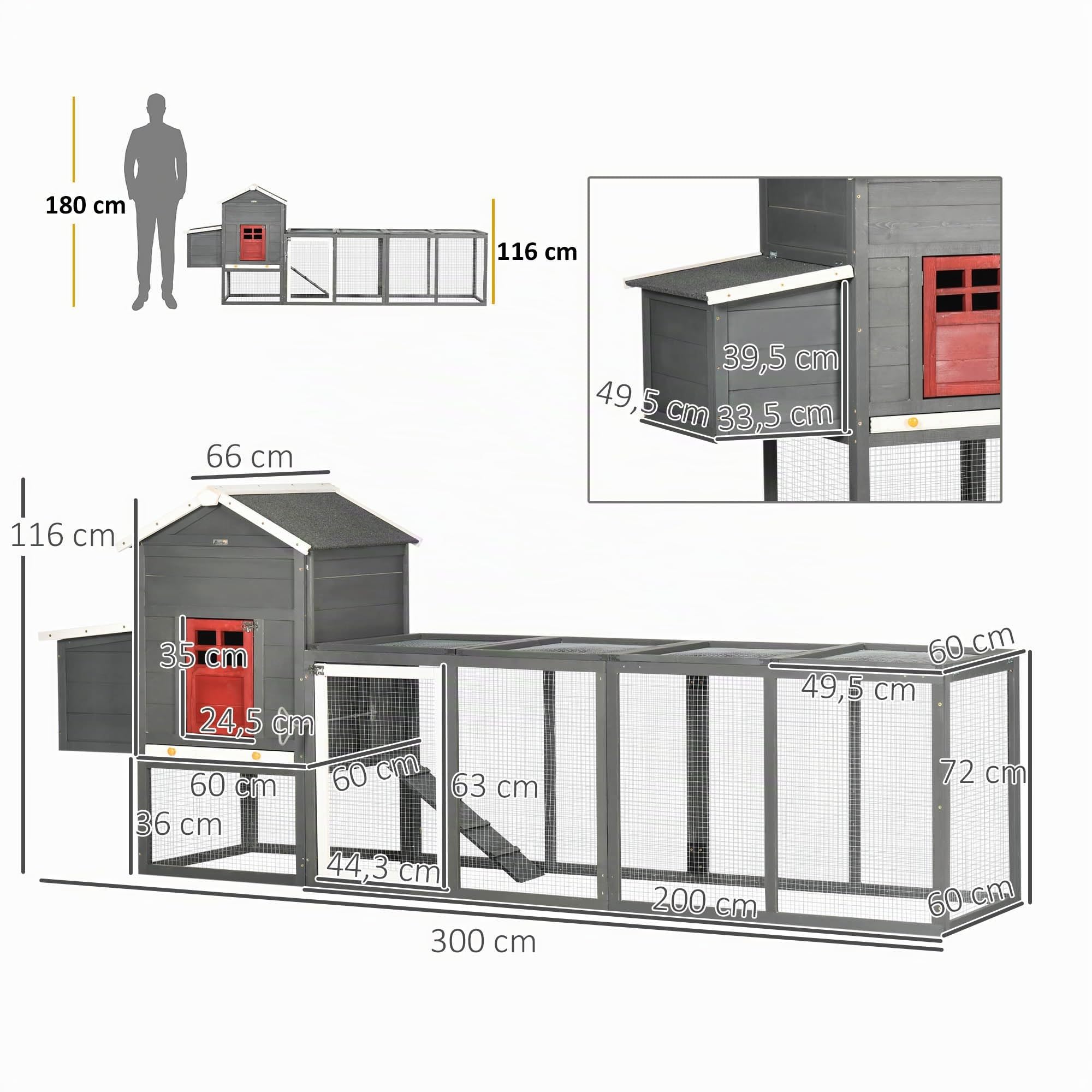 PawHut 118" Pollaio XXL con tetto in asfalto per 3-6 galline Grigio | Recinto in legno per galline, vassoio estraibile, nido, pollaio