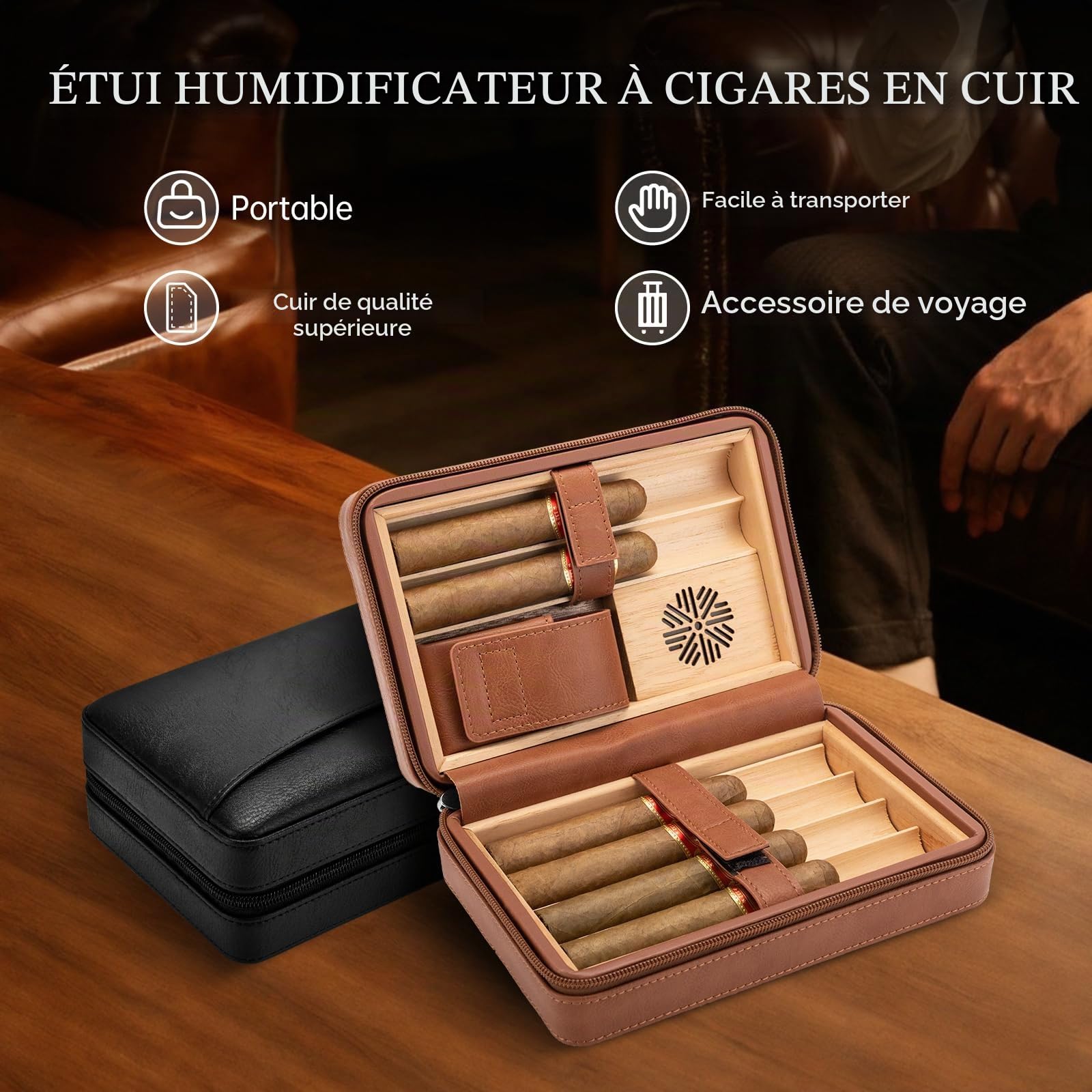 Boîte à cigares de Voyage avec poinçon, étui à cigares en Cuir doublé de Bois de cèdre pour 6 cigares, humidificateur Portable intégré pour Les Amateurs de cigares (Noir)