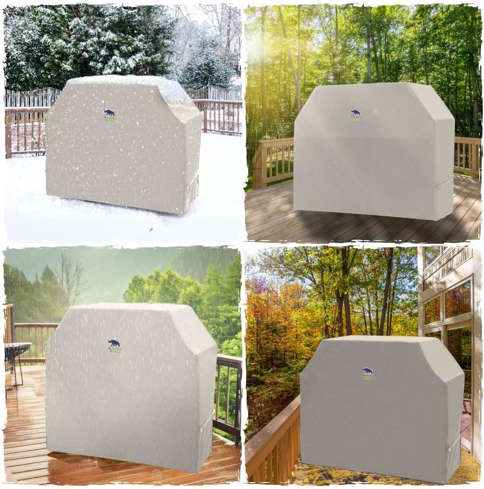 RUGGED RHINO 58 Inch Heavy Duty Grill Cover for Outdoor Grills, All Season Three Layer Waterproof UV Resistant Windproof Gas BBQ Covers, Compatible for Weber Char-Broil Pit Boss Traeger and More Beige