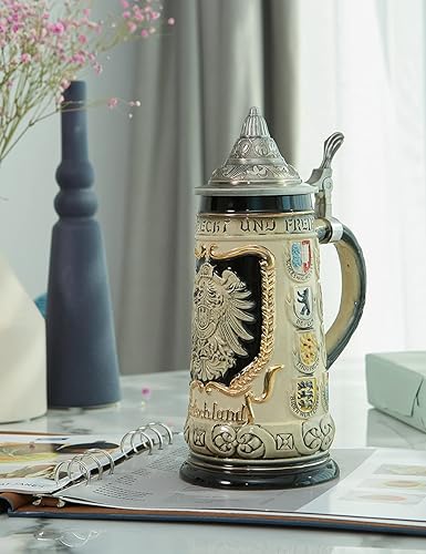 Miniatura 7 de HAUCOZE Taza de cerveza con escudo de armas alemán con tapa Petwer para regalos de cumpleaños, hombres, padre, marido, 0.9 litros
