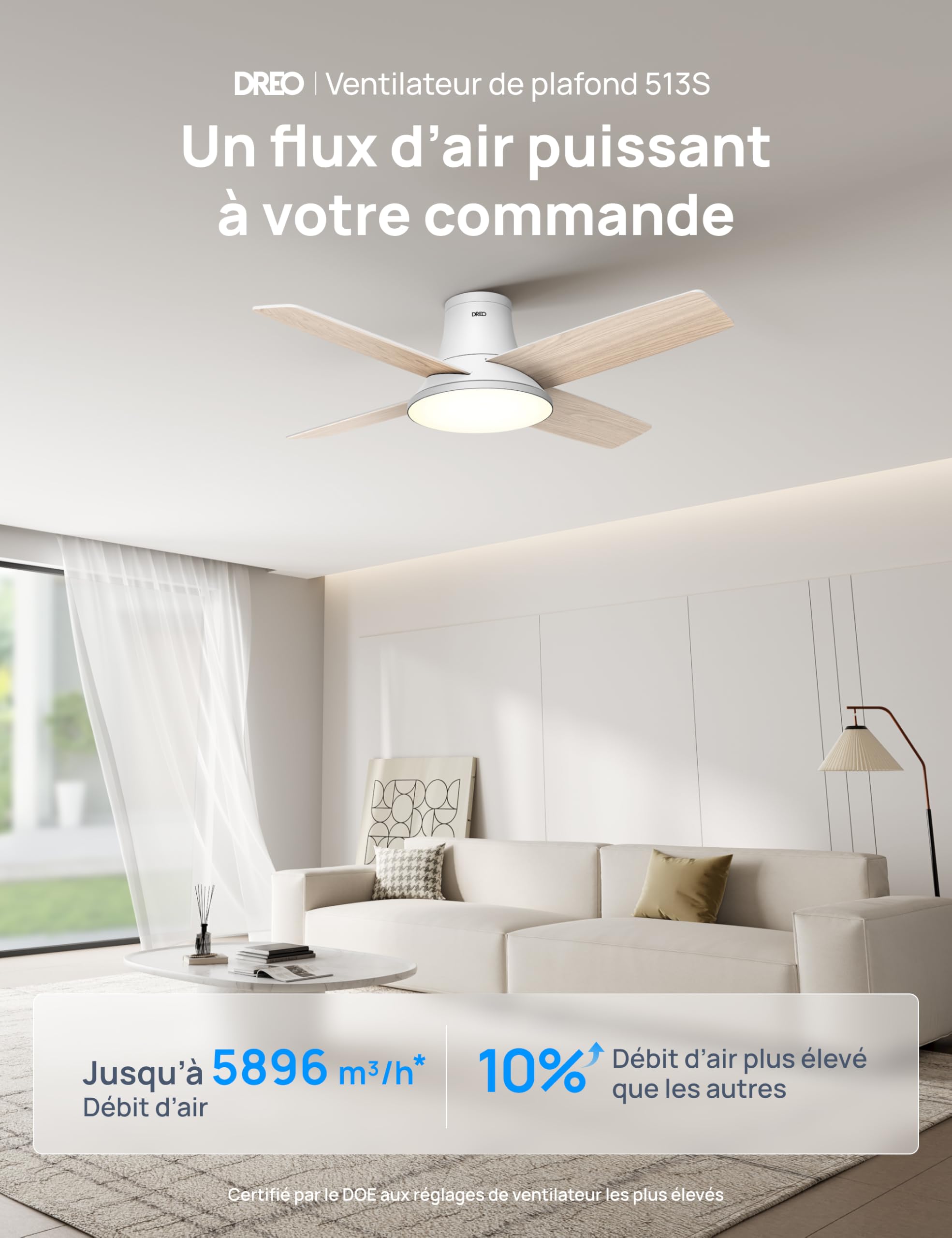 DREO ventilateur de plafond avec lumière, 12 vitesses, 3 modes, moteur CC silencieux, montage facile, LED dimmable, télécommande et minuterie 12 h, ventilateur de plafond blanc pour chambre et salon