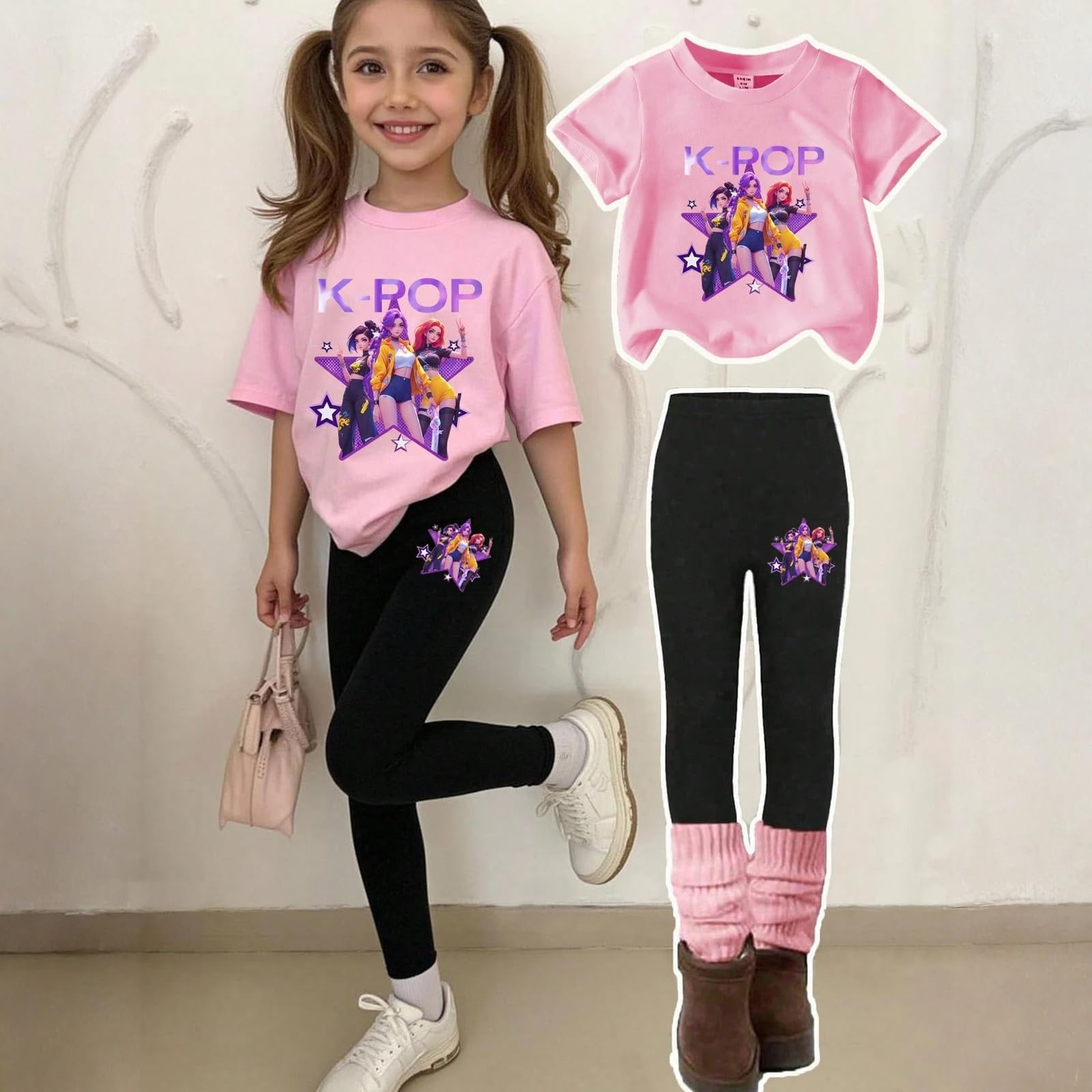 K Pop Short Sleeve T-Shirt and Pants Outfits Set for Girls Hunters Cute Girl's Anime Graphic Tees De-Mon Kids — view 2
