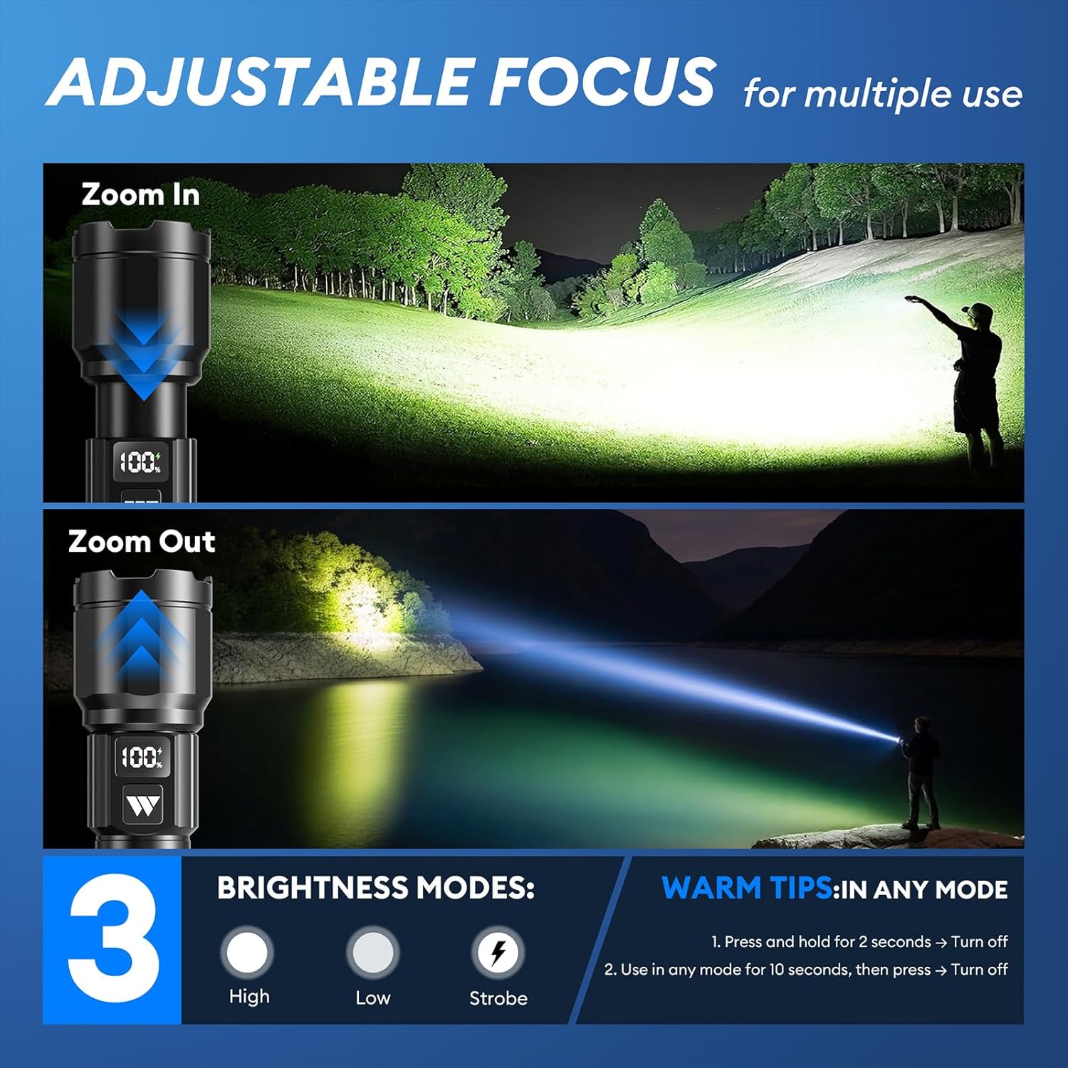3 Pack Rechargeable Flashlights High Lumens, Super Bright LED Tactical Flashlight with LCD Power Display, Zoomable Flashlights 15H+ Runtime, IP65 Waterproof Flashlights for Home Emergency Camping