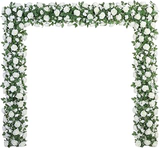 Suncalla 8 Pack 6.56ft Artificial Rose Flower Garland Silk Flocked White Rose Garland Faux Eucalyptus Peony Flower Vine for Wedding Party Table Centerpiece Arch Background Decoration(Eucalyptus)