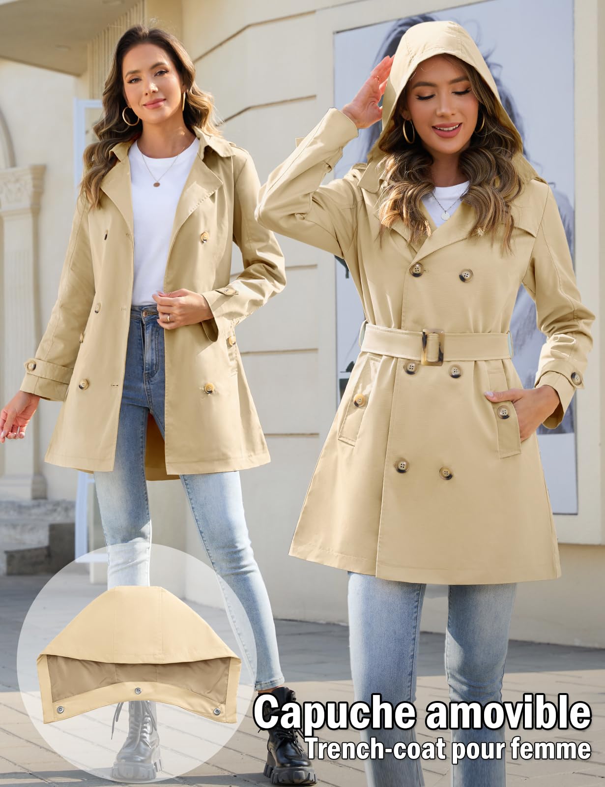 Tuopuda Trench-Coat Femme Double Boutonnage Manteaux imperméables Longues Col Rabattu Classique Coupe Vent Veste Léger Casual Ajustée Manteaux