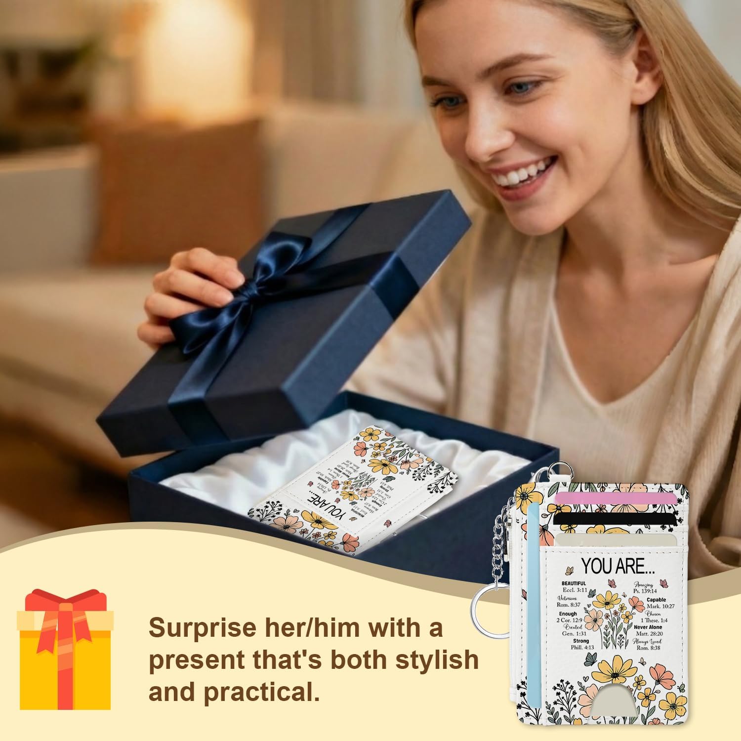 Floral Bible Gifts for Women, Slim Wallet Card Holder with Bible Verse Detail and Floral Print, Inspirational Pocket Gift, Credit Card Case with ID Window, Slim Wallet Keychain Zipper Coin Pocket - Image 7