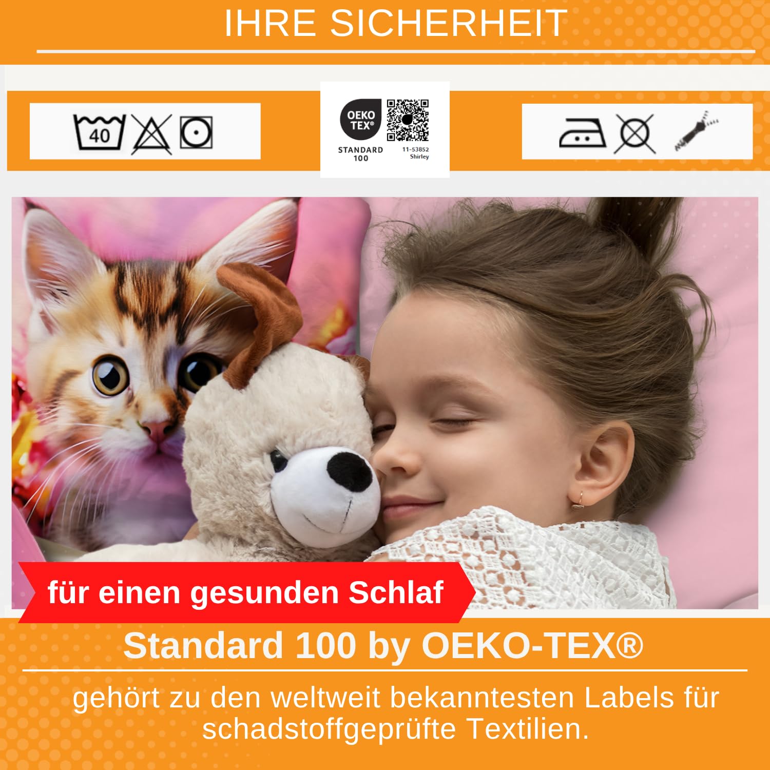 Aminata kids Bettwäsche Katze 135x200 Mädchen | Wende-Kinder-Bettwäsche-Set Katzen-Motiv | 100% Baumwolle | YKK Reißverschluss pink