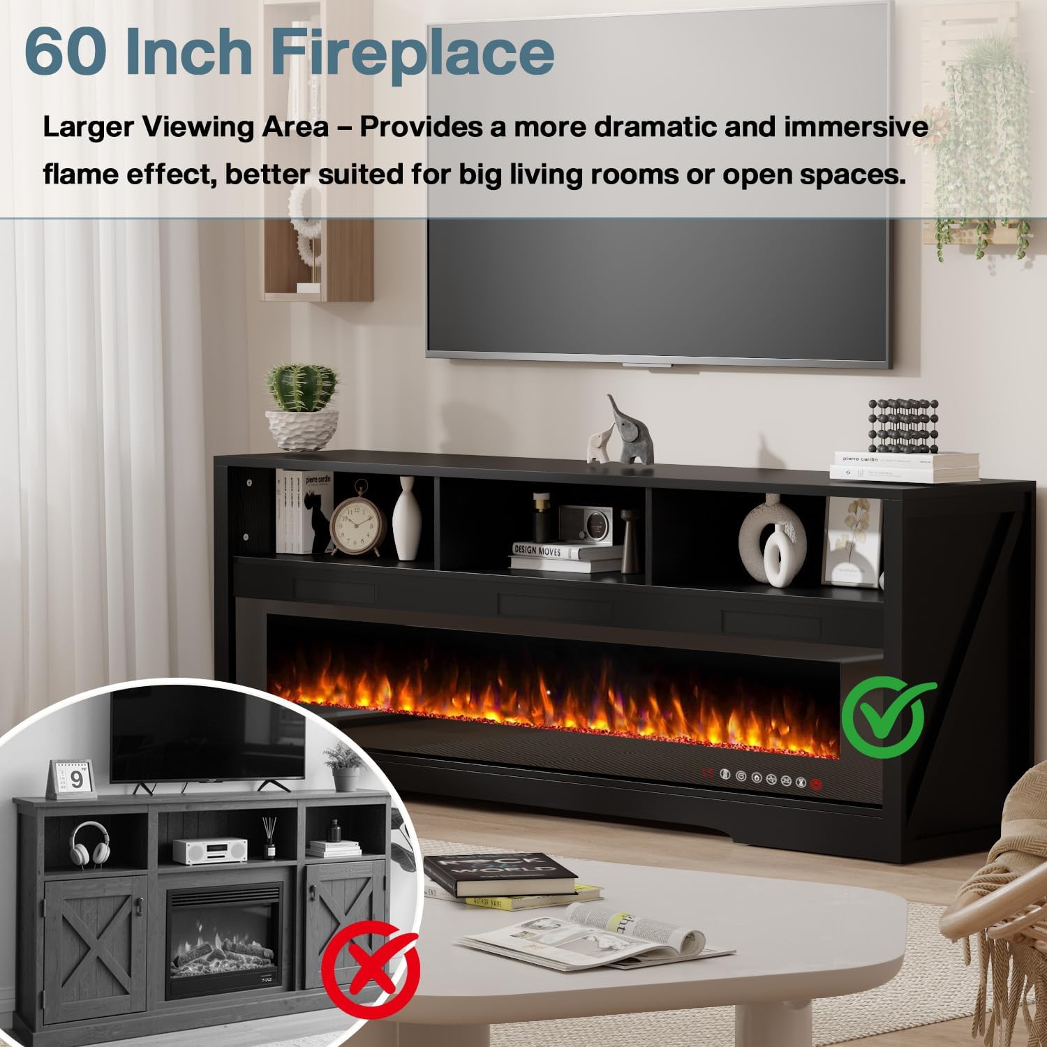 65" Fireplace TV Stand with 60" Glass Electric Fireplace for TVs Up to 75 inch, Modern Fireplace Entertainment Center with Open Storage Shelf, Media Console TV Cabiet for Living Room, Black