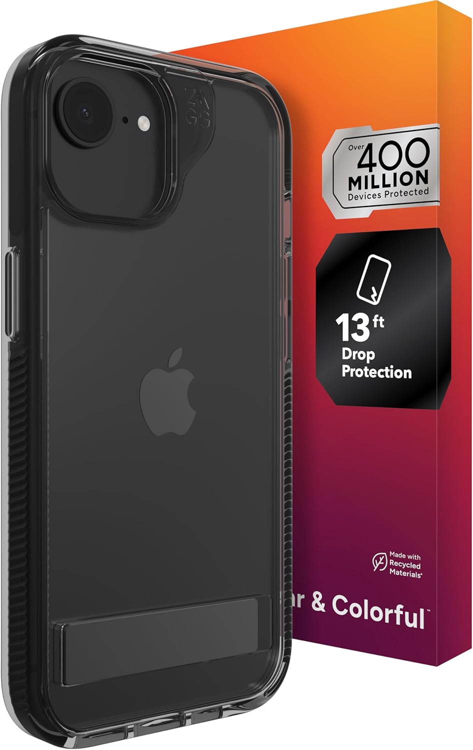 ZAGG Santa Cruz Case with Kickstand for iPhone 17e/ 16e/ 15/14/ 13 – 13ft Drop Protection, Graphene Reinforced, Slim Transparent Case, Anti-Scratch Finish, Wireless Charging Compatible, Black