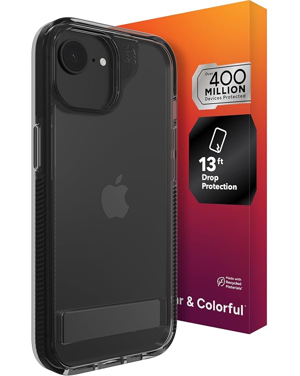 ZAGG Santa Cruz Case with Kickstand for iPhone 17e/ 16e/ 15/14/ 13 – 13ft Drop Protection, Graphene Reinforced, Slim Transparent Case, Anti-Scratch Finish, Wireless Charging Compatible, Black by ZAGG - Used condition - US$33.72