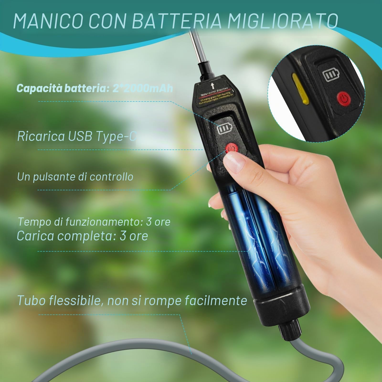 Spruzzatore a zaino alimentato a batteria da 10L, spruzzatore elettrico da giardino con manico ricaricabile USB 4000mAh con 4 ugelli