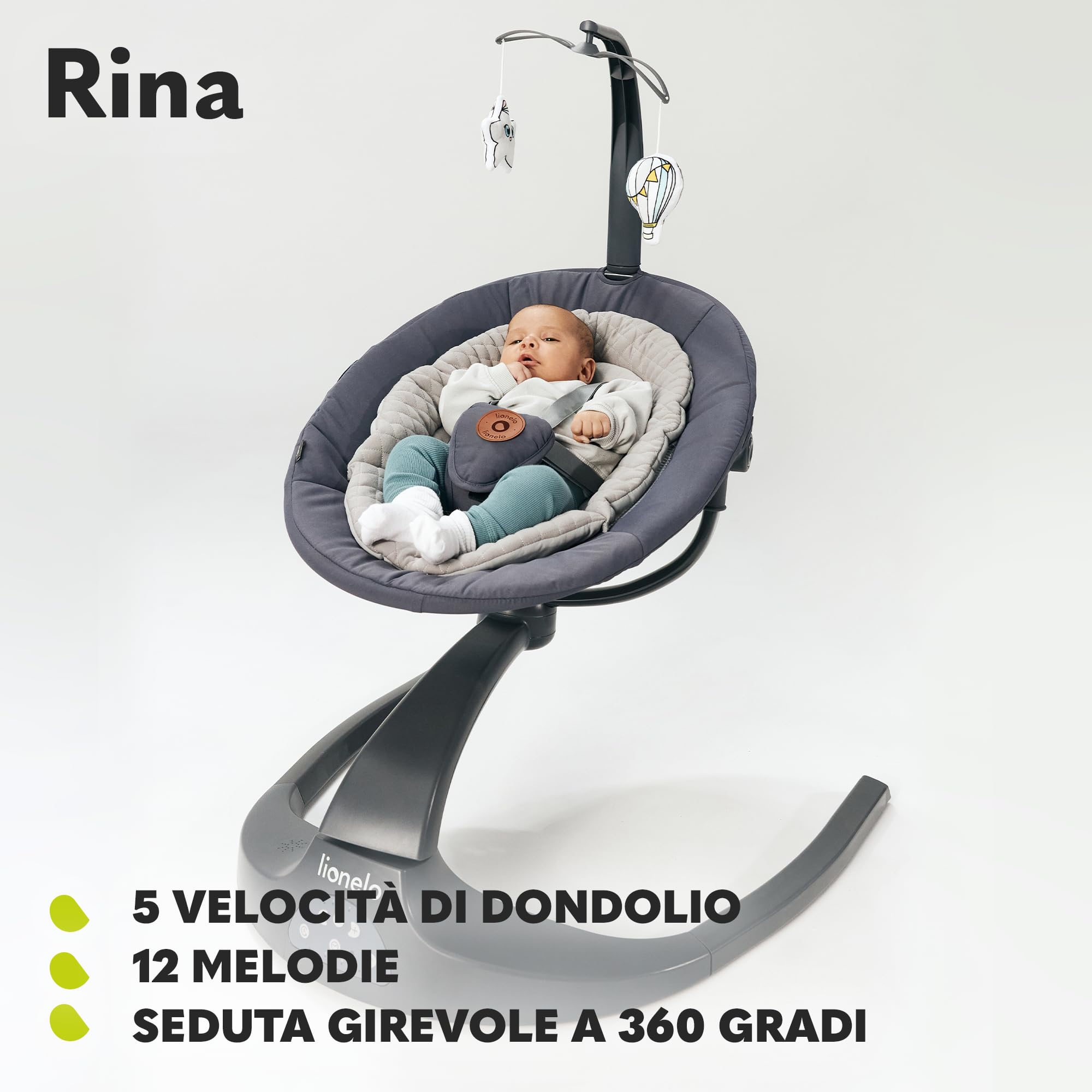 LIONELO Rina Altalena Elettrica 2 in 1 Girevole a 360° per Neonati da 0 Mesi | 2 Direzioni di Oscillazione, 5 Velocità, 12 Melodie, Telecomando, Schienale Regolabile, Timer, Funzionamento Silenzioso