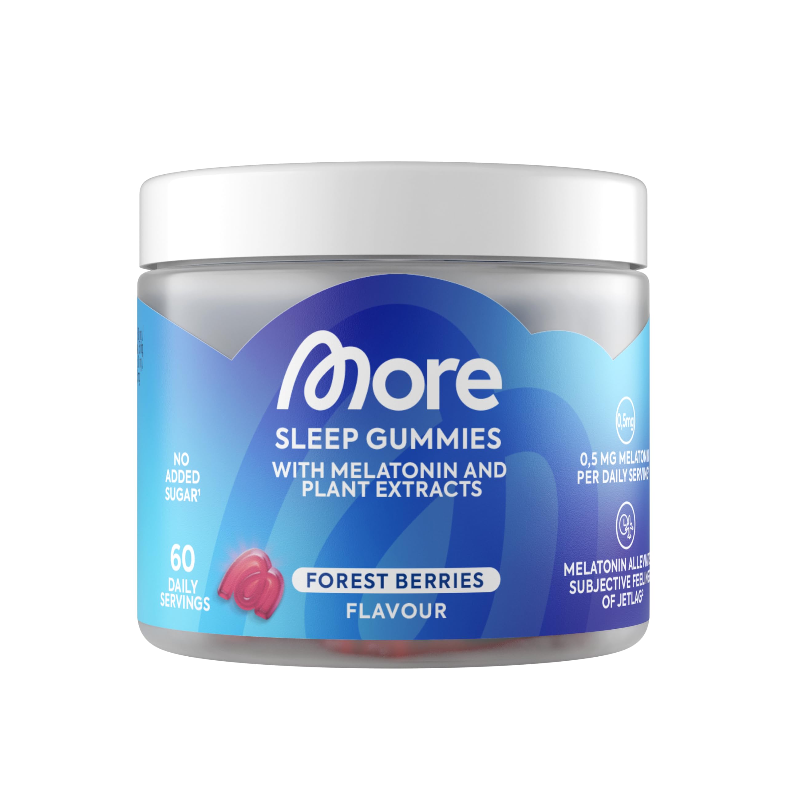 MORE Sleep Gummies, 60 Gummies, Forest Berries, 0,5 mg reines Melatonin pro Tagesportion, Anti-Jetlag-Support - made in Germany