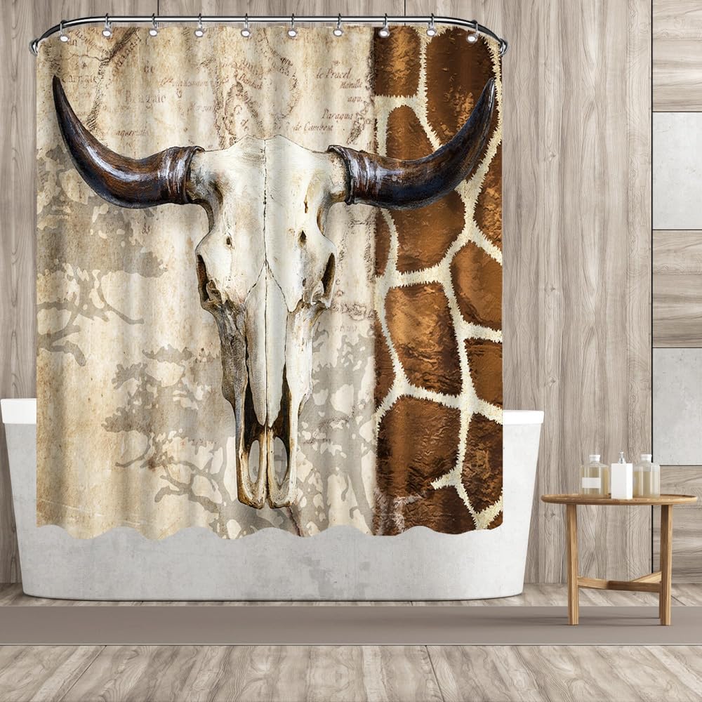Farmhouse Shower Curtain Bull Skull Bathroom Curtain with Giraffe Print Pattern 72x72 Inches, Rustic Western Design with 12 pcs Hooks Included (Brown)