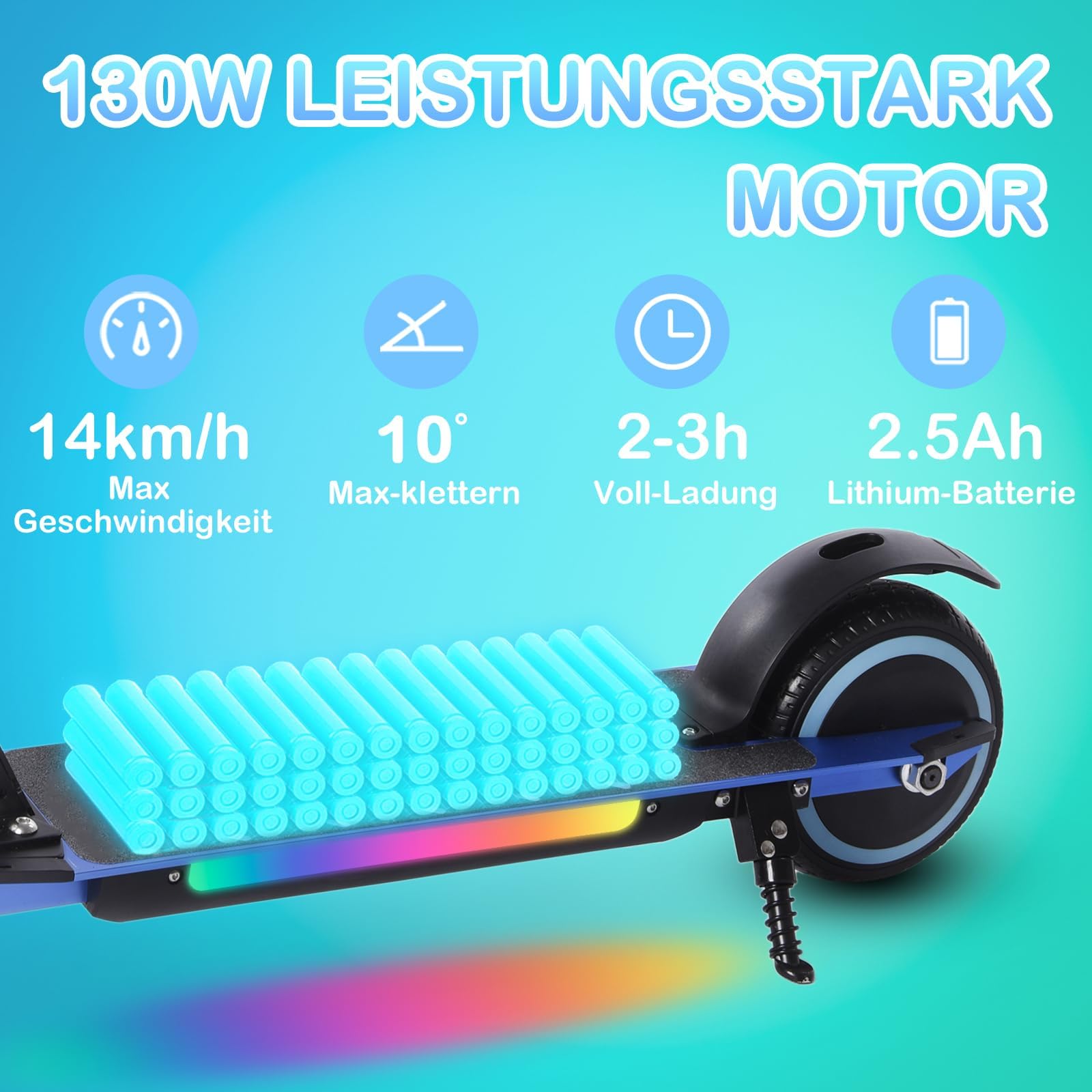 Elektroroller Kinder ab 6-12 Jahren,E Scooter mit Bunter Regenbogenlicht,5-8KM Reichweite,Faltbarer Elektro Scooter Kinder,130W Elektroscooter,Geschenk für Kinder und Jugendliche