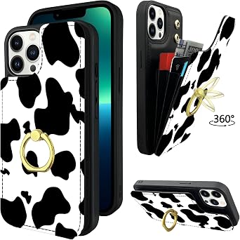 Compatible with iPhone 13 Pro Wallet Case with Card Holder, 360 Rotation Finger Ring Holder Kickstand Protective RFID Blocking PU Leather Pattern Double Buttons Flip 6.1" Black Cow