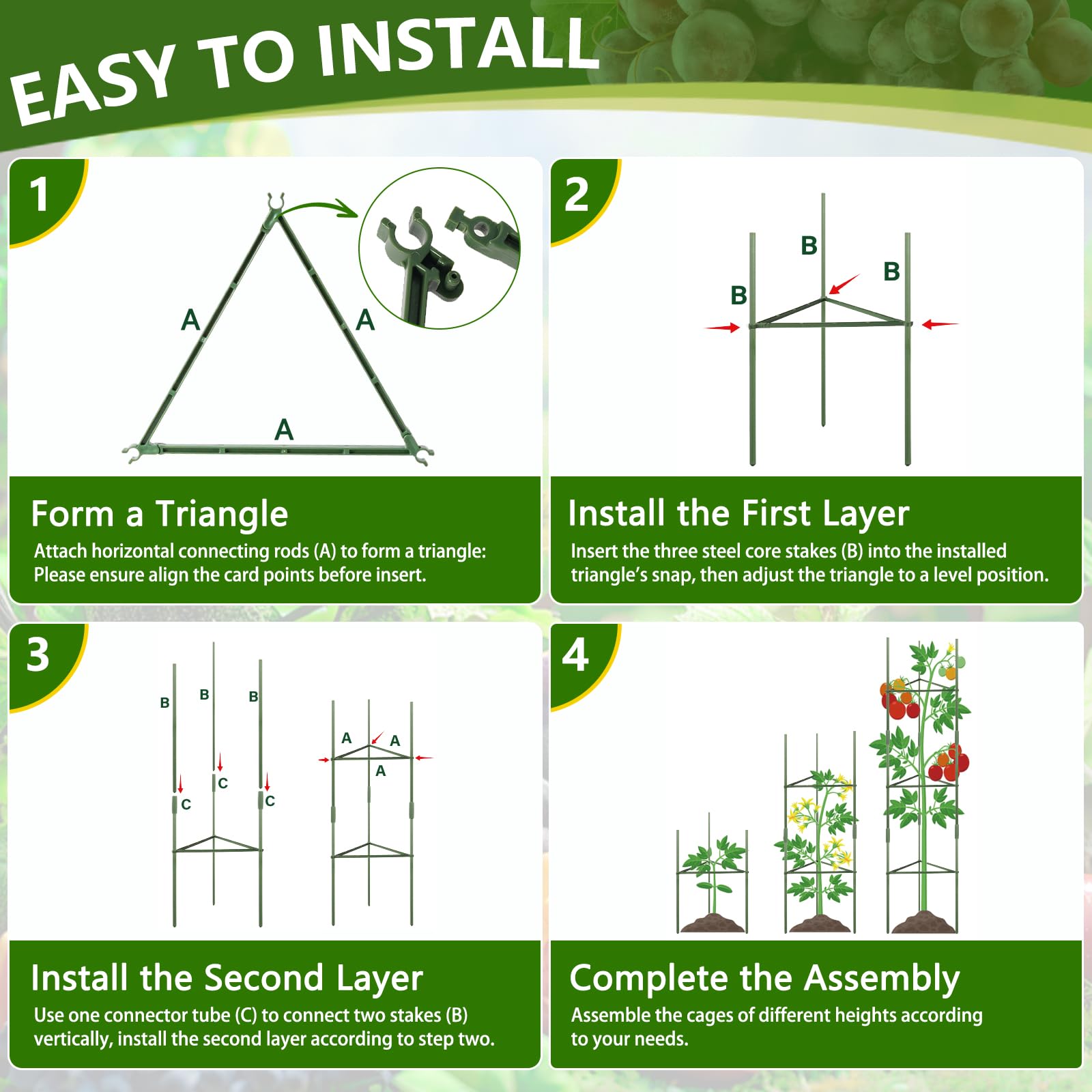Tomaten-Rankhilfe für den Garten, 3er-Pack Tomatenkäfig für Kletterpflanzen im Freien, 120cm Dreieckiger Rankhilfe Tomaten, Gartenpflanzgitter für Gemüse, Blumen und Obst