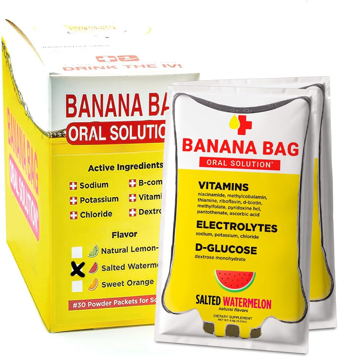 - Banana Bag Oral Solution Packets – Salted Watermelon 30pk | A Refreshing Blend of Electrolytes, Vitamin C, and B-Complex for Hydration and Energy. Convenient, Easy-to-Mix, and Perfect for Daily Use.