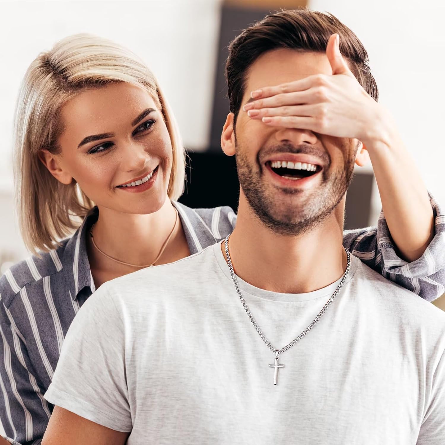 IEFLIFE Valentines Gifts for Him Men - Silver Cuban Chain Stainless Steel Cross Necklace, Valentines Gifts for Grandson Husband, Mens Teens Valentine Gift Cross Necklace Jewelry - Image 2