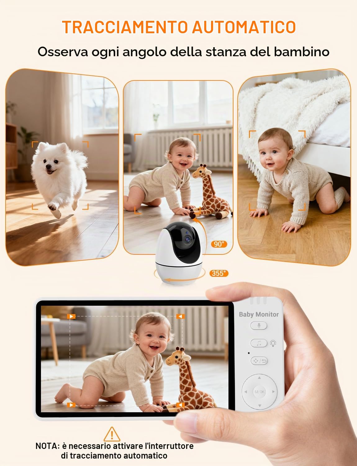 BURNNOVE Baby Monitor Video e Audio Schermo 5" IPS Connessione WiFi App per Smartphone con Luce Notturna Temperatura e Umidità Monitoraggio Movimenti Visione Notturna 8 Ninne Nanne Audio Bidirezionale