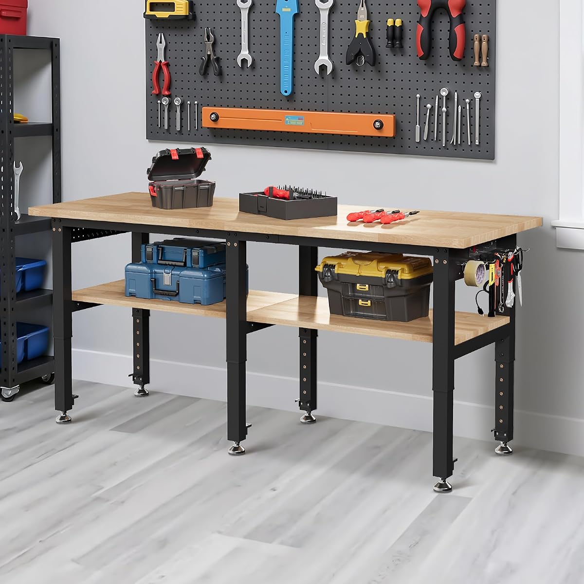 Banco de trabajo ajustable de 2 niveles Albott de 72 pulgadas | Capacidad de 6000 libras, tapa de madera maciza, 4 salidas de CA, 2 puertos USB, tablero perforado y 20 ganchos, para garaje, tienda y oficina