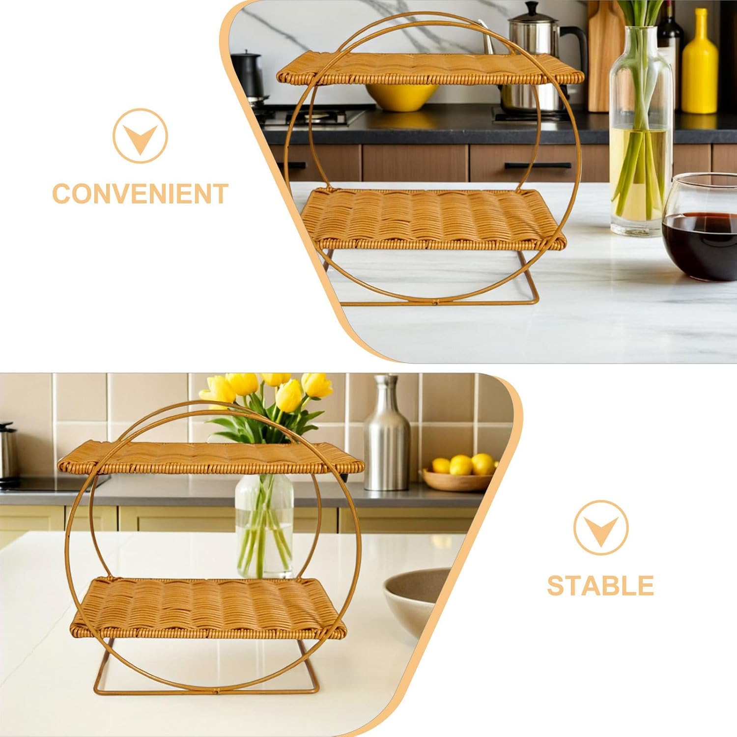 KICHOUSE Rattan Serving Stand - Two Tiered Serving Tray Rectangle Platter Cupcake Stand For Cupcakes Fruits Dessert Dried Fruit Snack