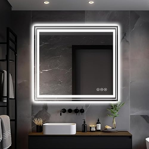 Espejo de baño retroiluminado LED con luces de 40 x 36 pulgadas, espejos de tocador iluminados para pared de baño, espejos LED antivaho de 3 colores