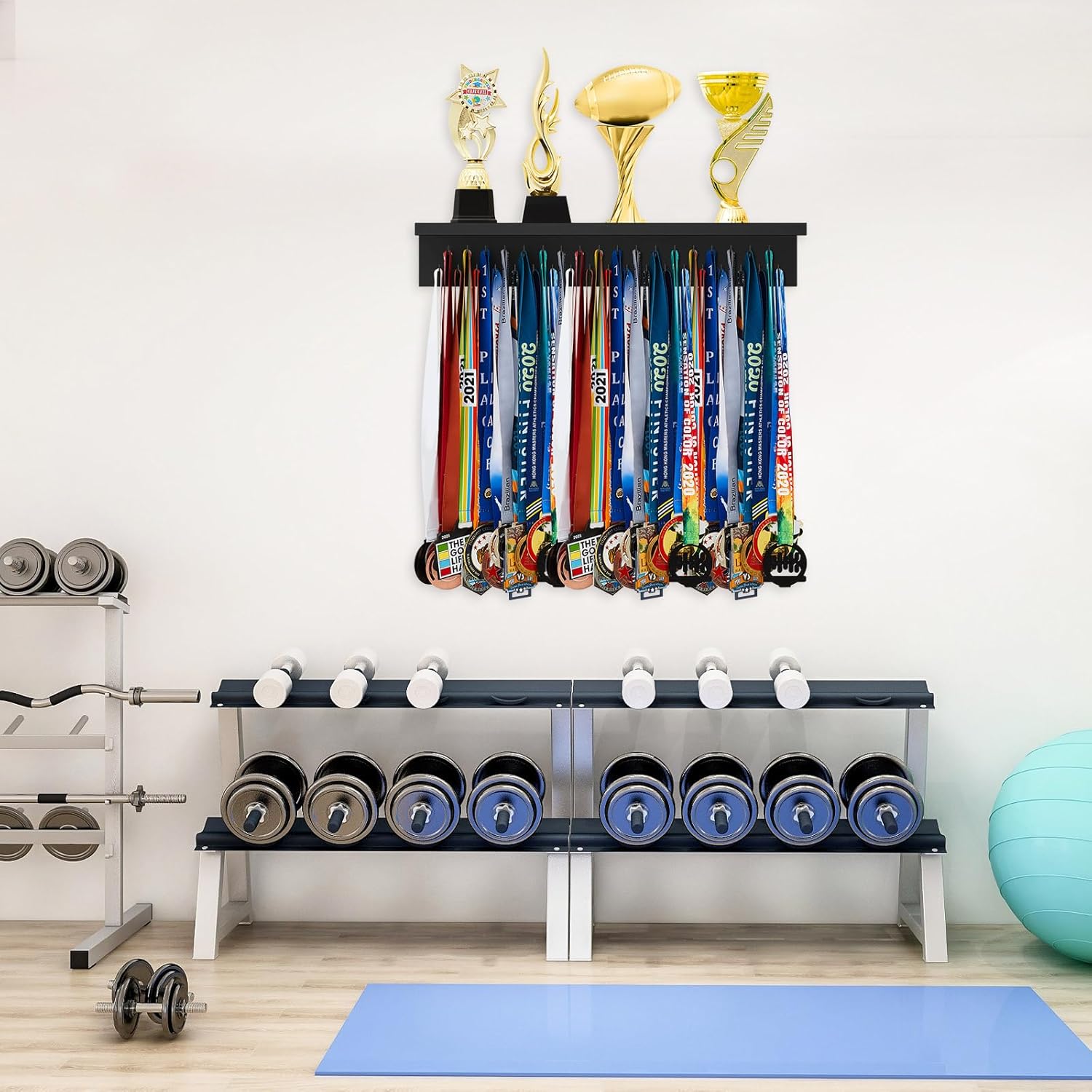 Wooden Medal Hanger Display Trophy Holder Shelf with 25/37/49/65/83 Hooks Wall Mount Ribbon Holder Gift for Gymnastics Running Soccer Awards