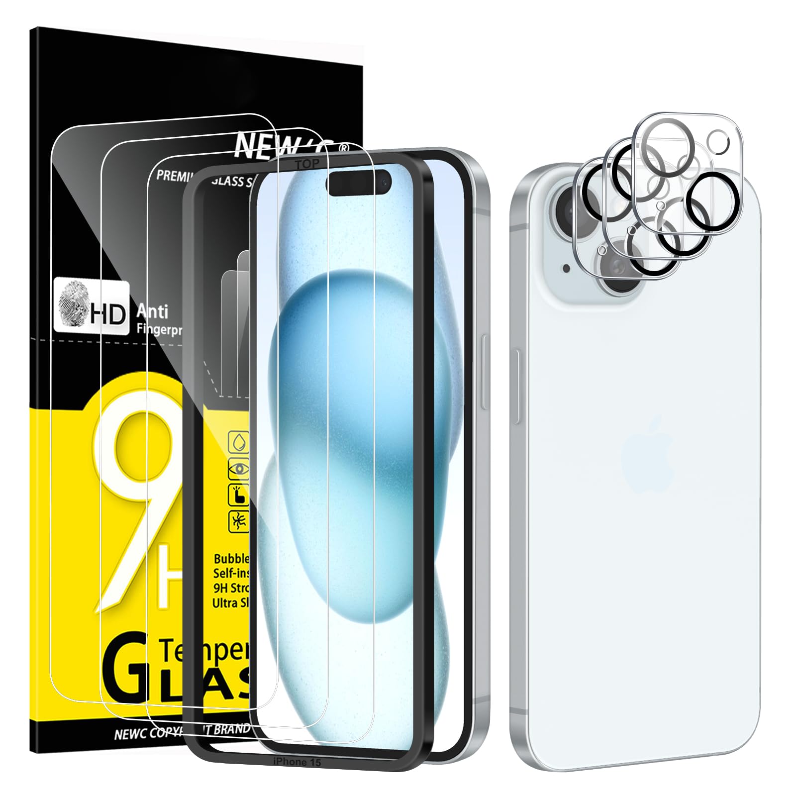 NEW'C for iPhone 15 Screen Protector + Camera Lens Protector