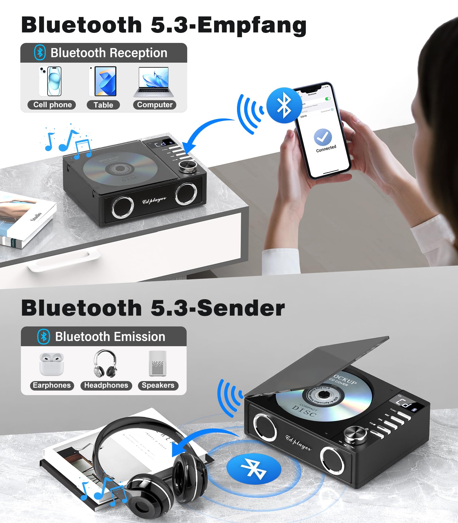 Greadio CD Player Tragbar mit Bluetooth 5.3, 4000mAh Wiederaufladbarer CD-Player mit Fernbedienung, HiFi-Sound-Lautsprecher, unterstützt USB, TF, AUX, LED-Display für Zuhause/Auto/Geschenk
