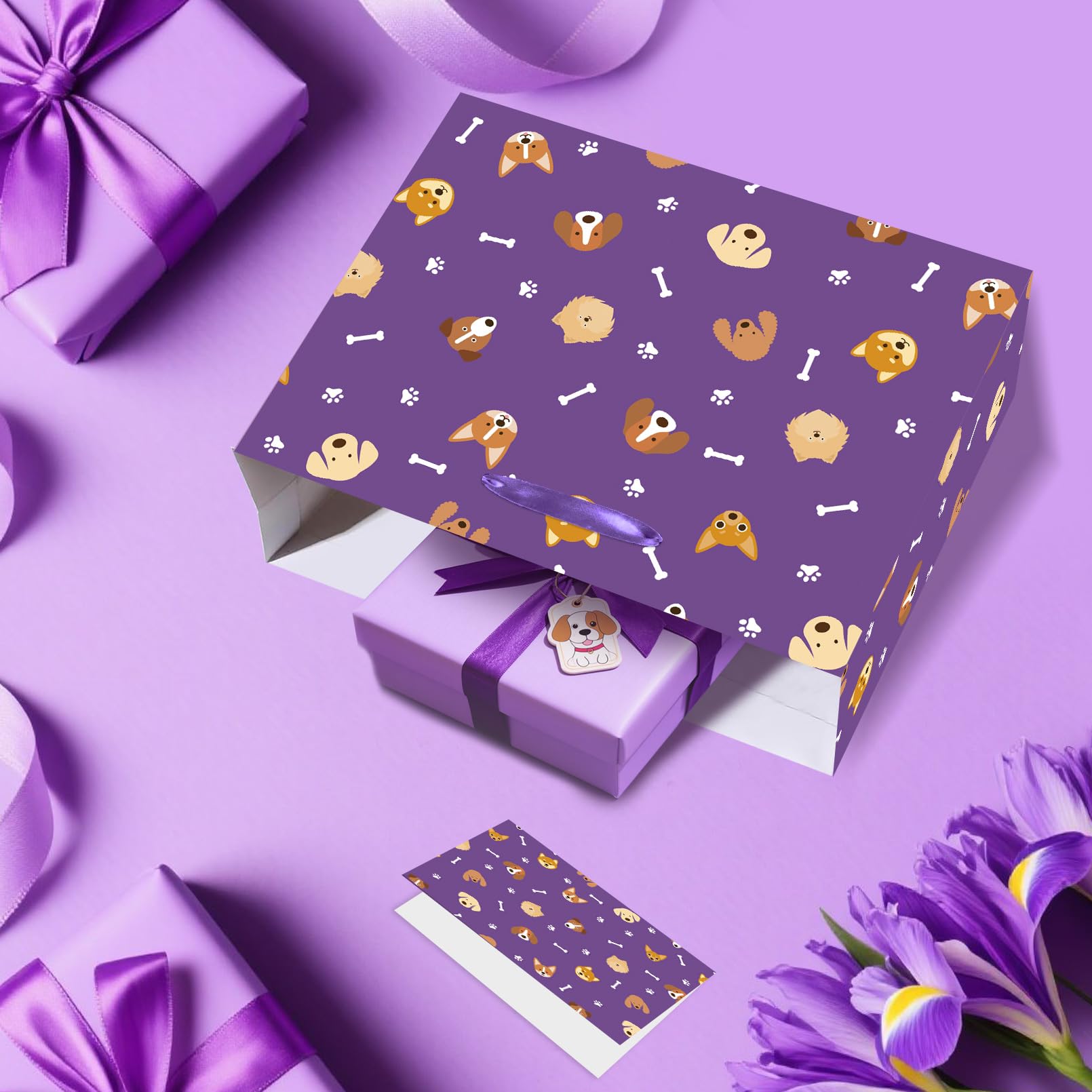 HSKMAKE Purple Dog Gift Bag Large Dog Paw Print Gift Bag with Card and Tissue Papers for Men, Women, Boys, Girls, Kids, Puppy Themed Baby Shower Birthday Party Favor Supplies