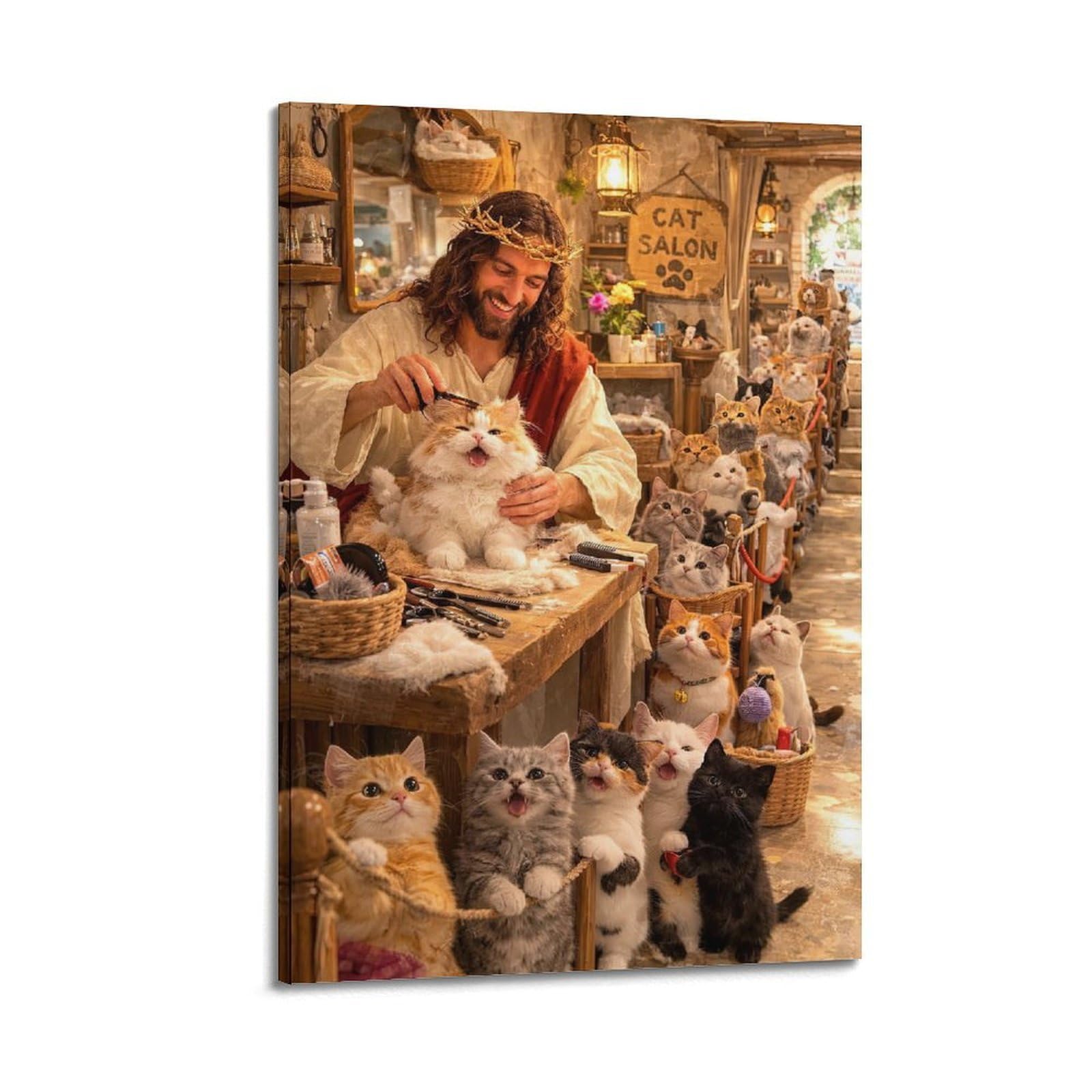 OKAHYS Vintage Jesus And The Kitten Cats Poster Decorative Painting Canvas Wall Artworks Picture 20x30inch(50x75cm)