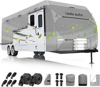 Umbrauto RV Cover Fits 24-27ft Travel Trailer: Lightweight, Waterproof Camper Cover for Toy Hauler, Winter Campsite, with Gutter Covers, Tongne Jack Covers, Windproof Straps