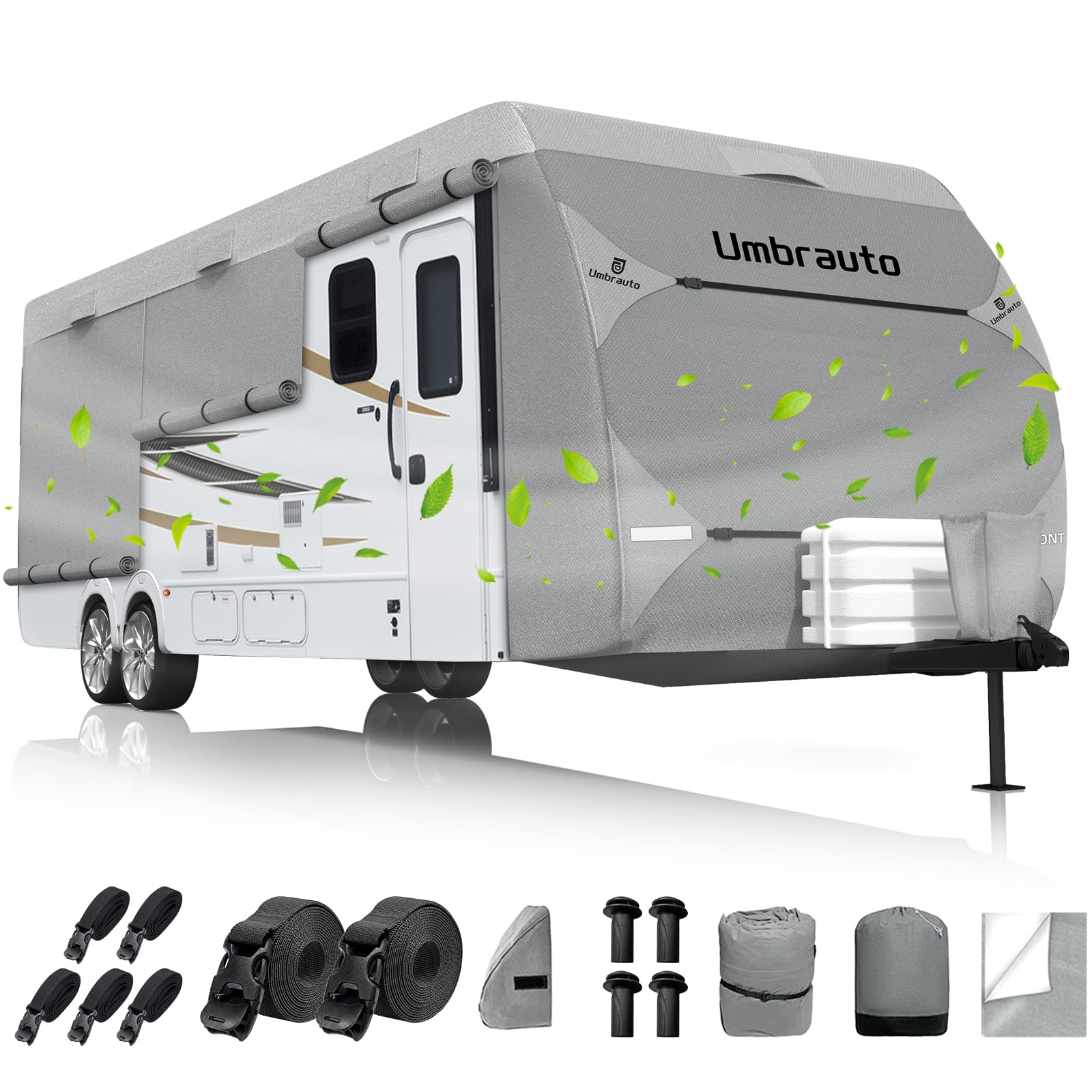 Umbrauto RV Cover Fits 14-16ft Travel Trailer: Lightweight, Waterproof Camper Cover for Toy Hauler, Winter Campsite, with Tongne Jack Covers, Gutter Covers, Windproof Straps