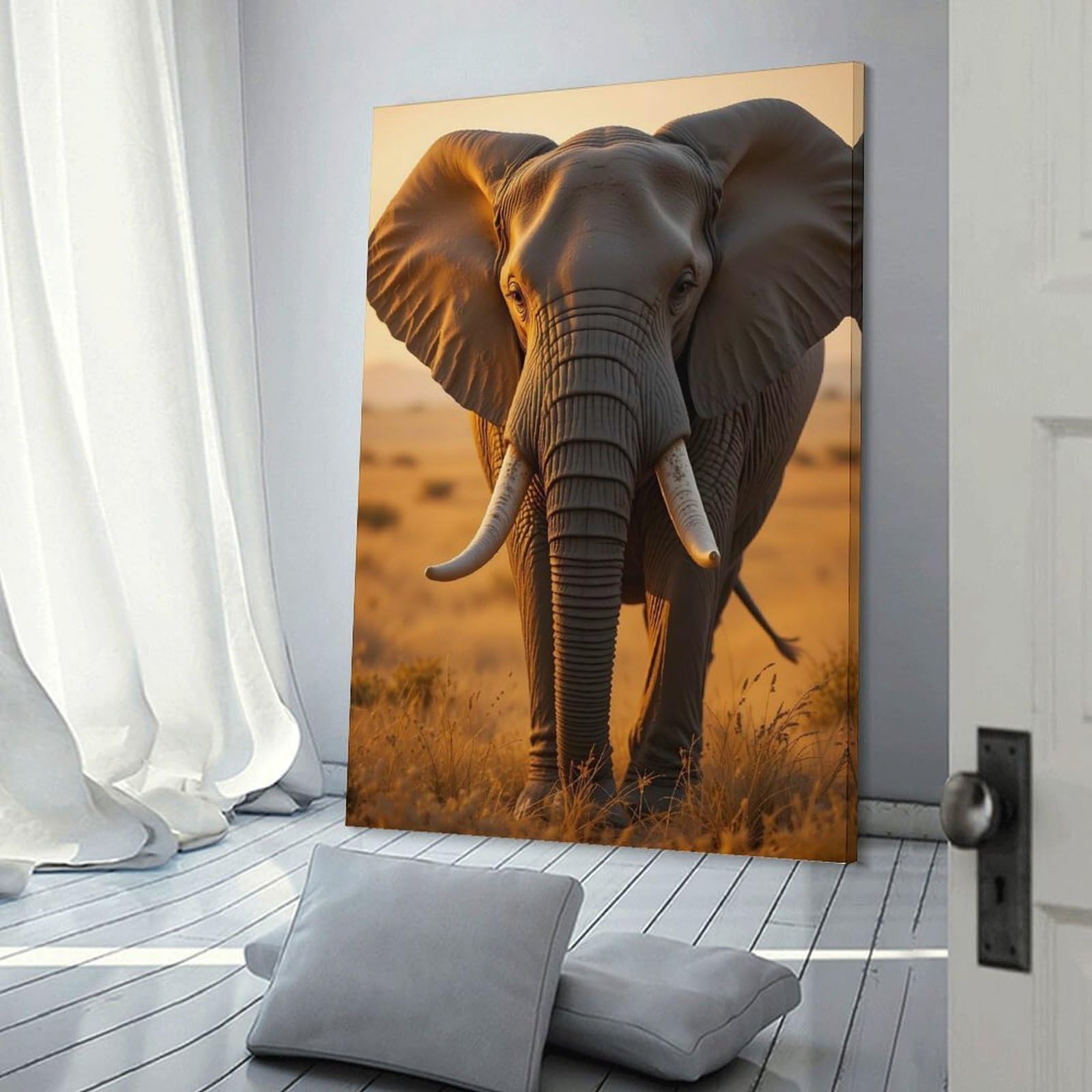 Junmoney Frame-Style-3 Majestic Elephant Portrait In Golden Light Decorative Wall Artwork, 08X12inch(20X30cm), For Living Spaces, Bedrooms Or Relaxed Rooms, Modern Wall Decor For Cosy Interiors