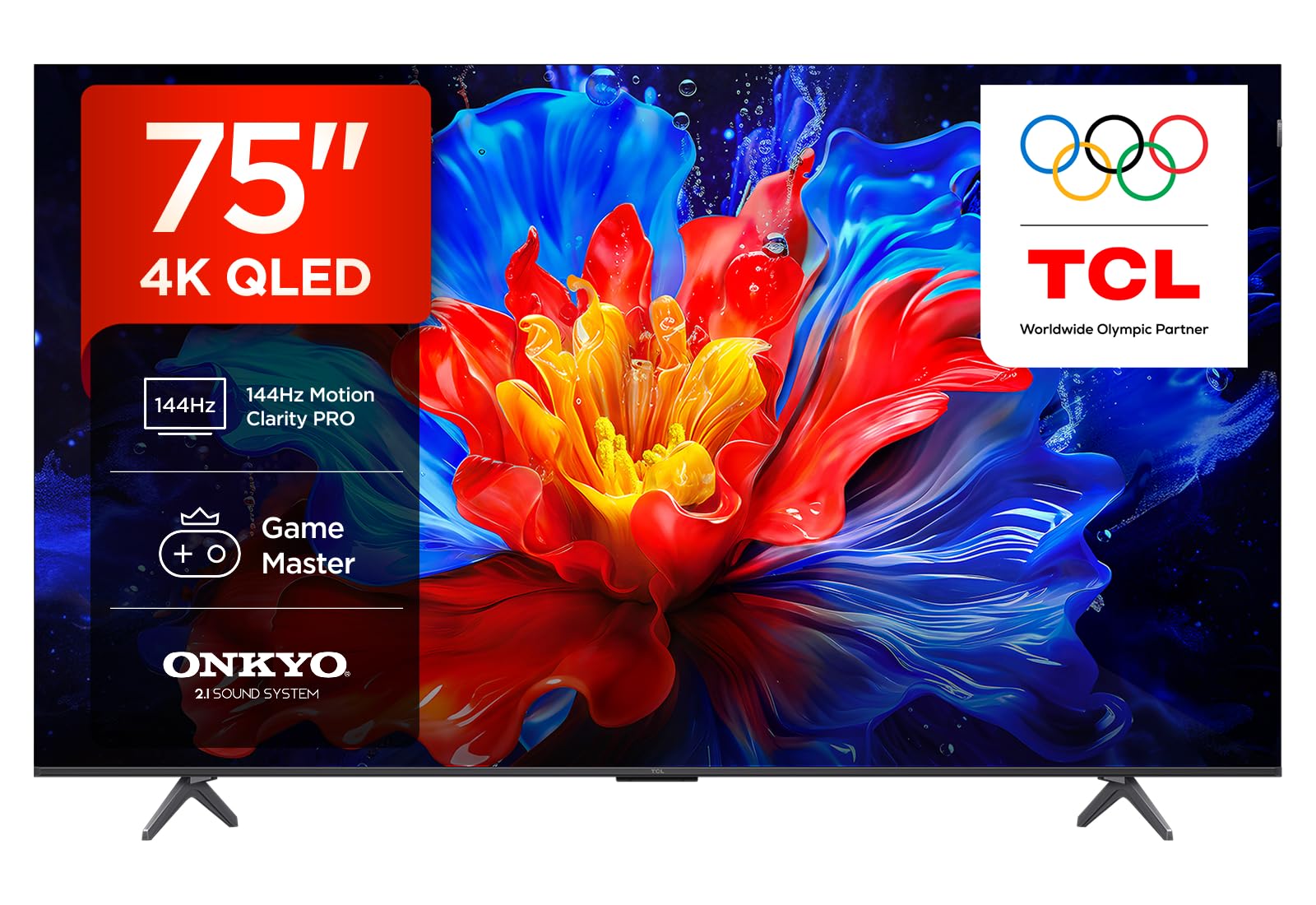 TCL 75P8K Téléviseur QLED 4K HDR UHD Smart Google TV (Dolby Vision & Atmos, 144 Hz Motion Clarity Pro, FreeSync, Onkyo 2.1, Commande vocale, Compatible avec Google Assistant, Google Cast)
