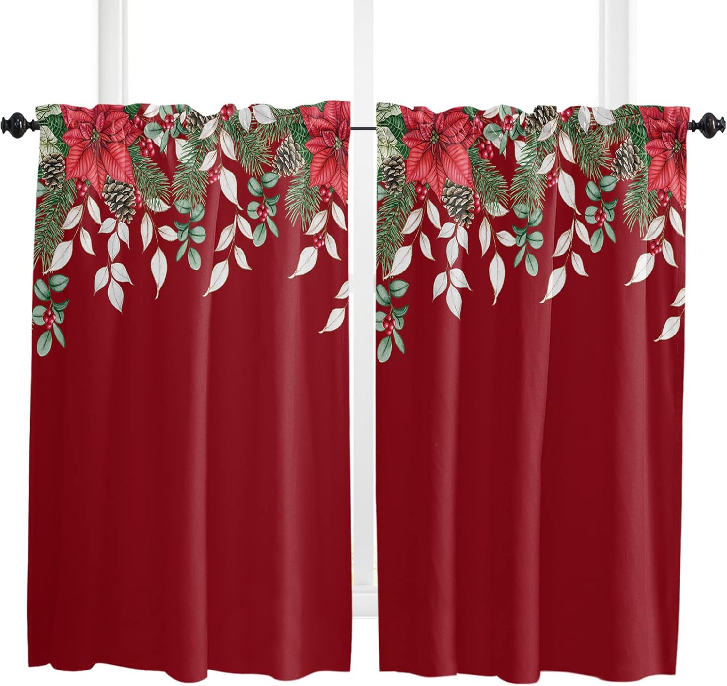 Farmhouse Kitchen Curtains 45 Inch Length, Red Christmas
