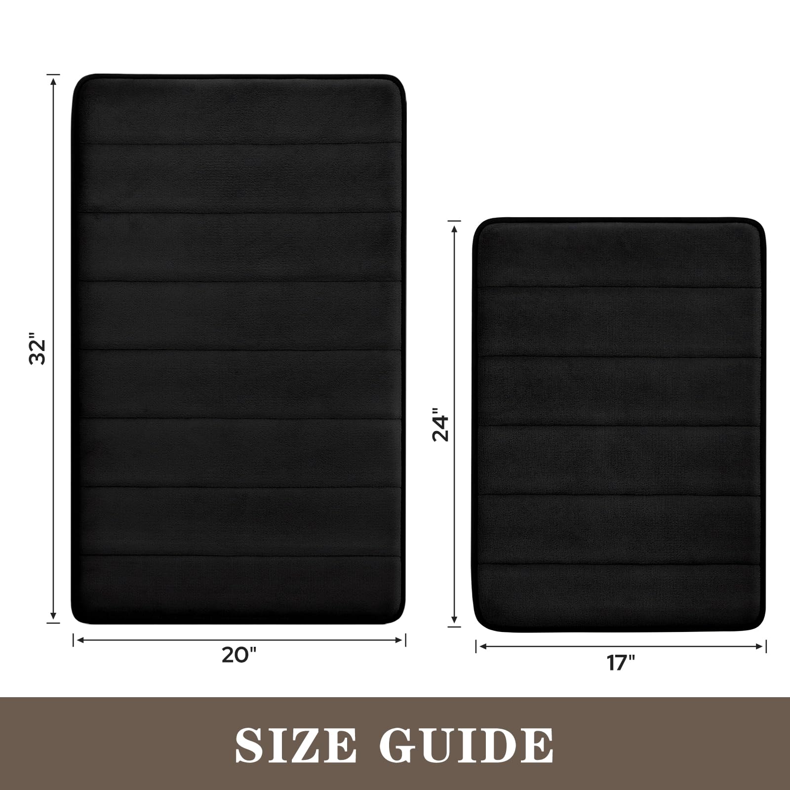 BYSURE Juego de 2 alfombras de baño de espuma viscoelástica negras, antideslizantes, extra absorbentes, peludas, suaves y secas, juego de alfombras de baño lavables de 17 x 24 pulgadas + 20 x 32